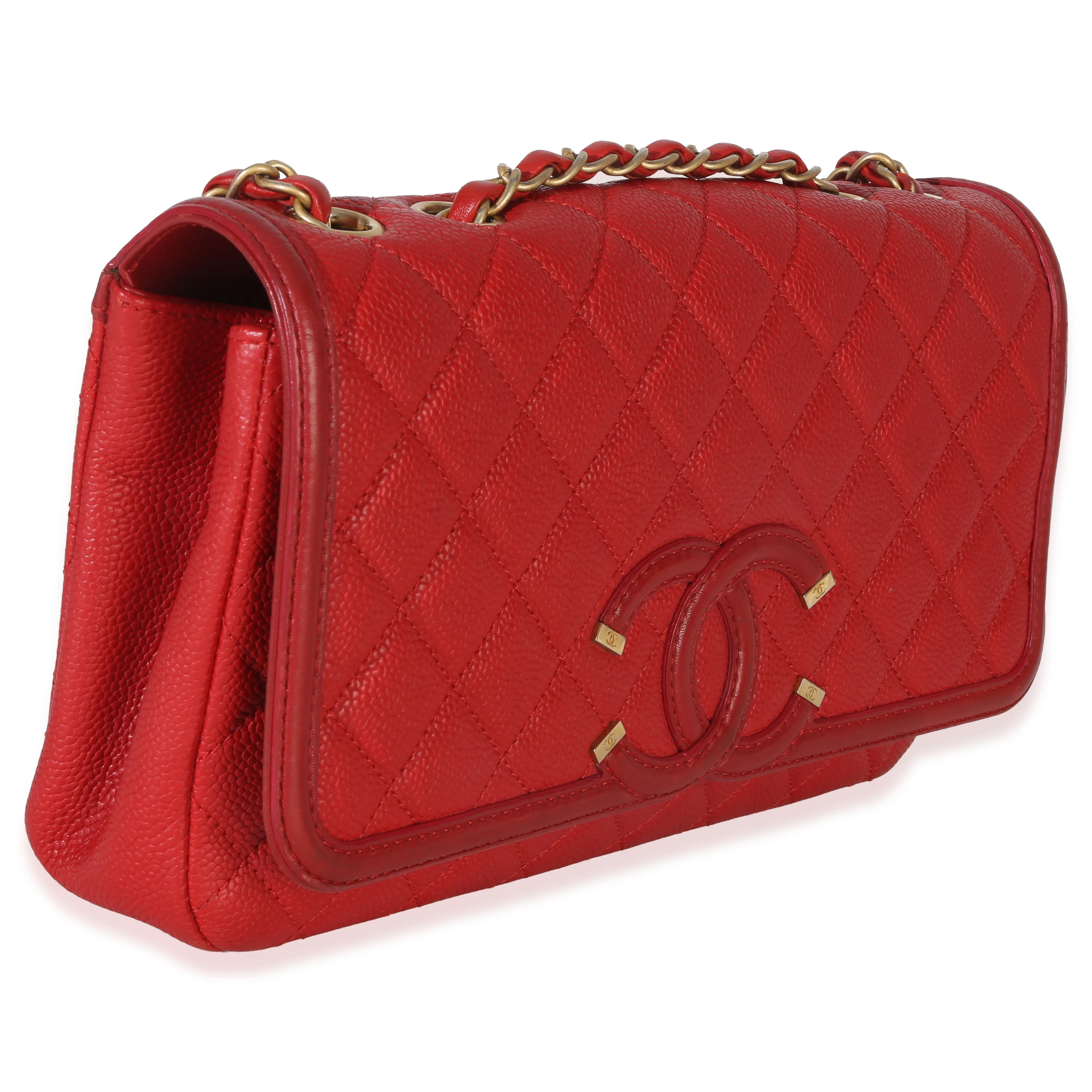 Red Quilted Caviar Medium Filigree Flap Handbag - Image 3