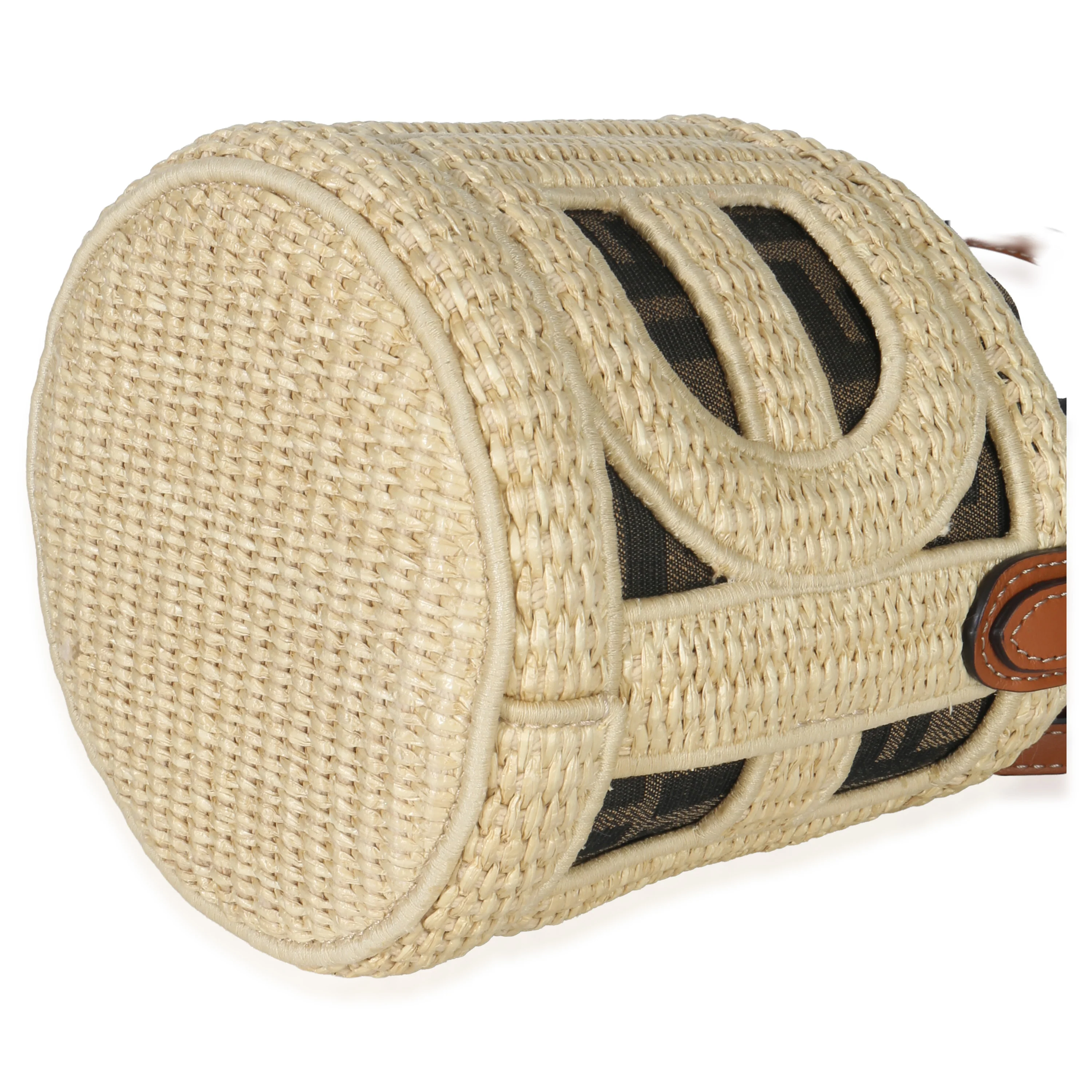Beige Brown Raffia Zucca Canvas FF Step Out Bucket Bag - Image 7