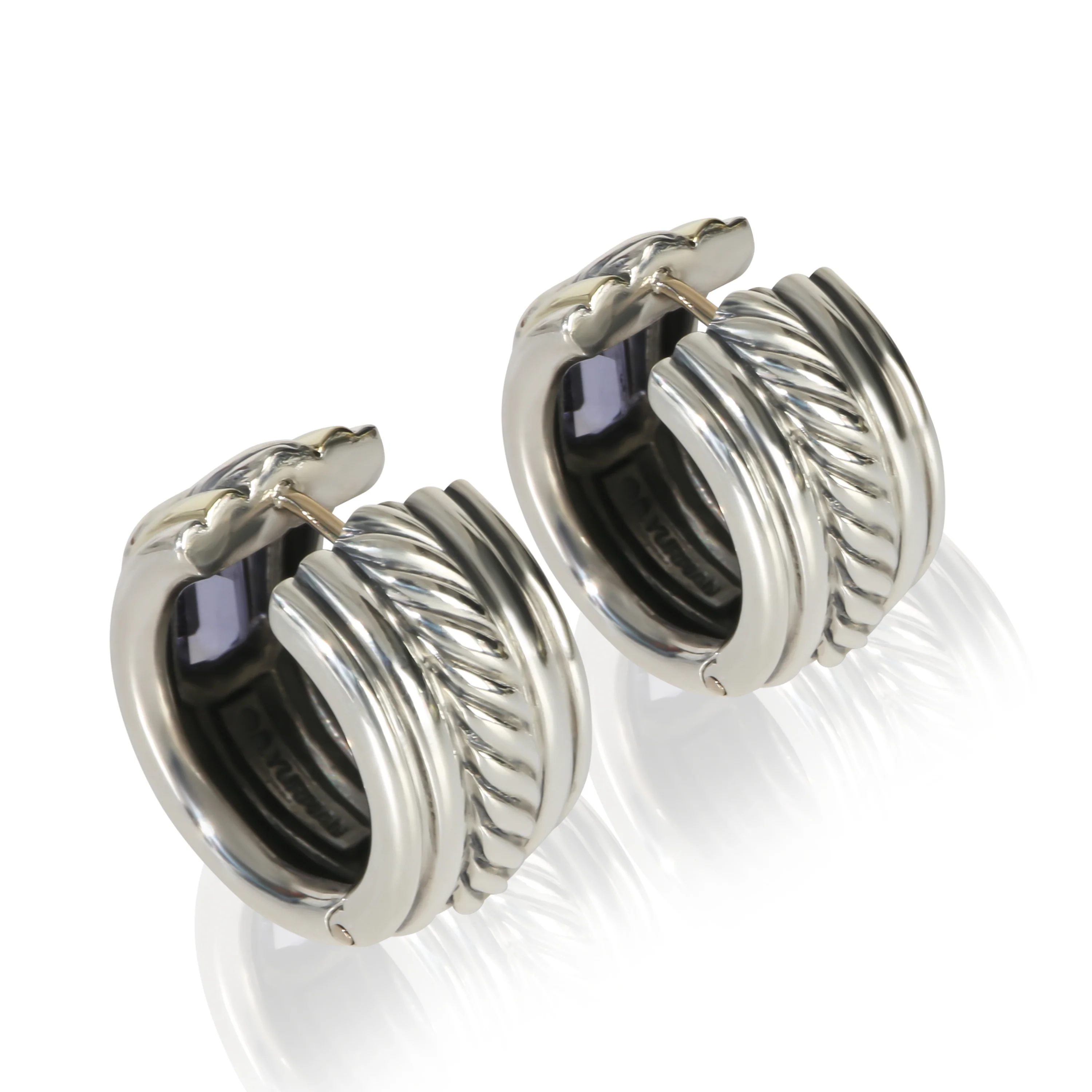 Yellow Gold & Sterling Silver Iolite Cable Huggie Earrings - Image 3
