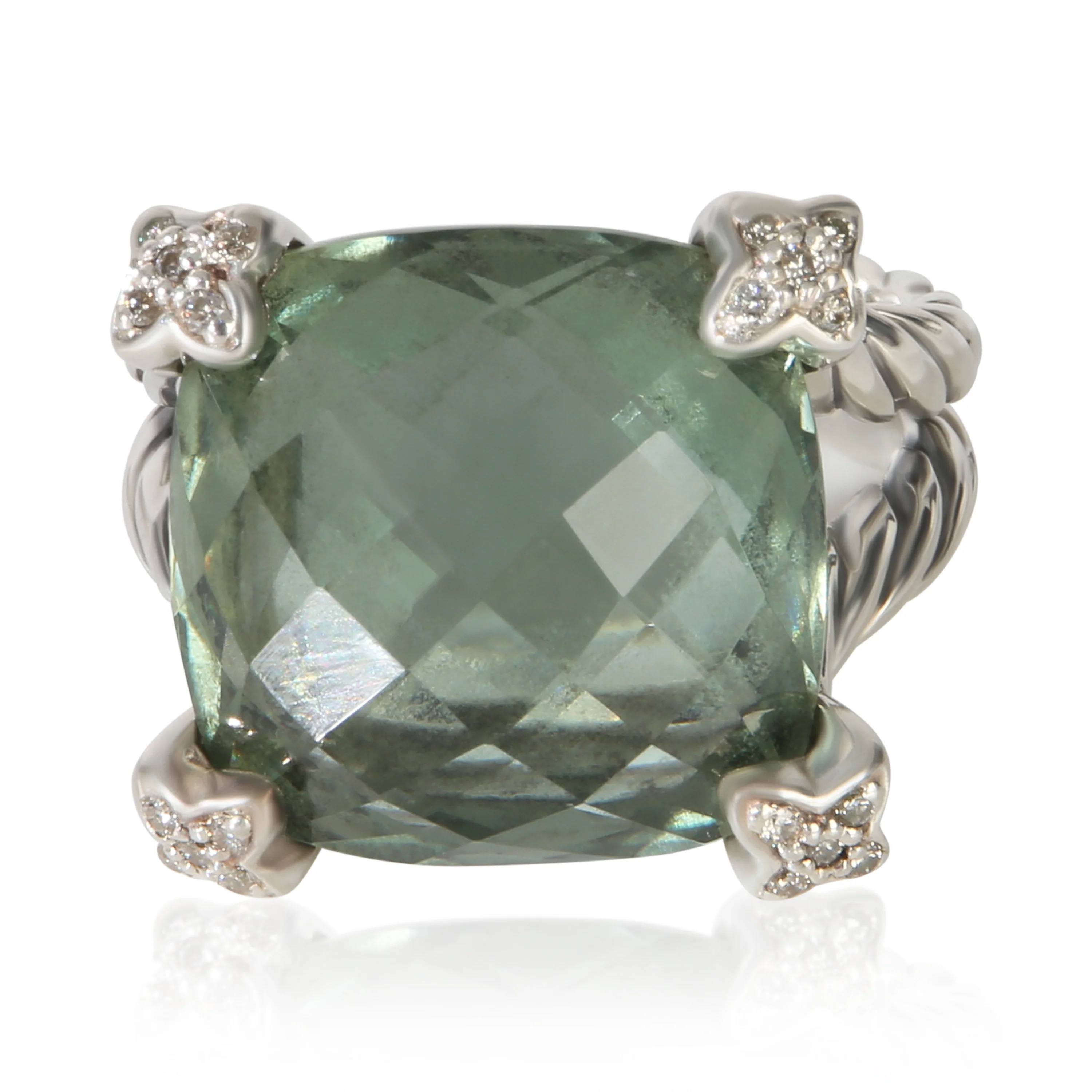 Sterling Silver Prasiolite and Diamond On Point Ring