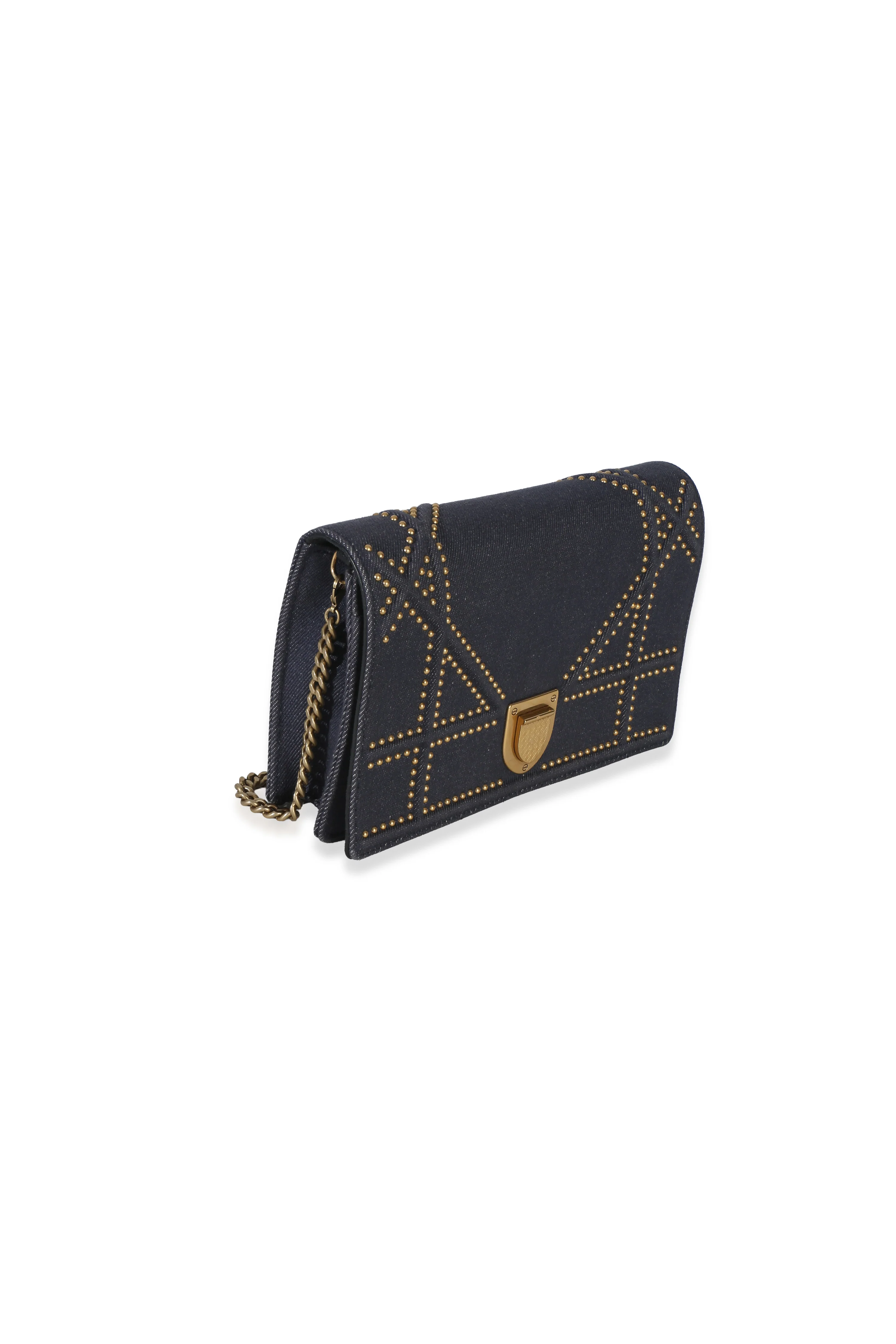 Blue Denim Studded Diorama Wallet On Chain - Image 3