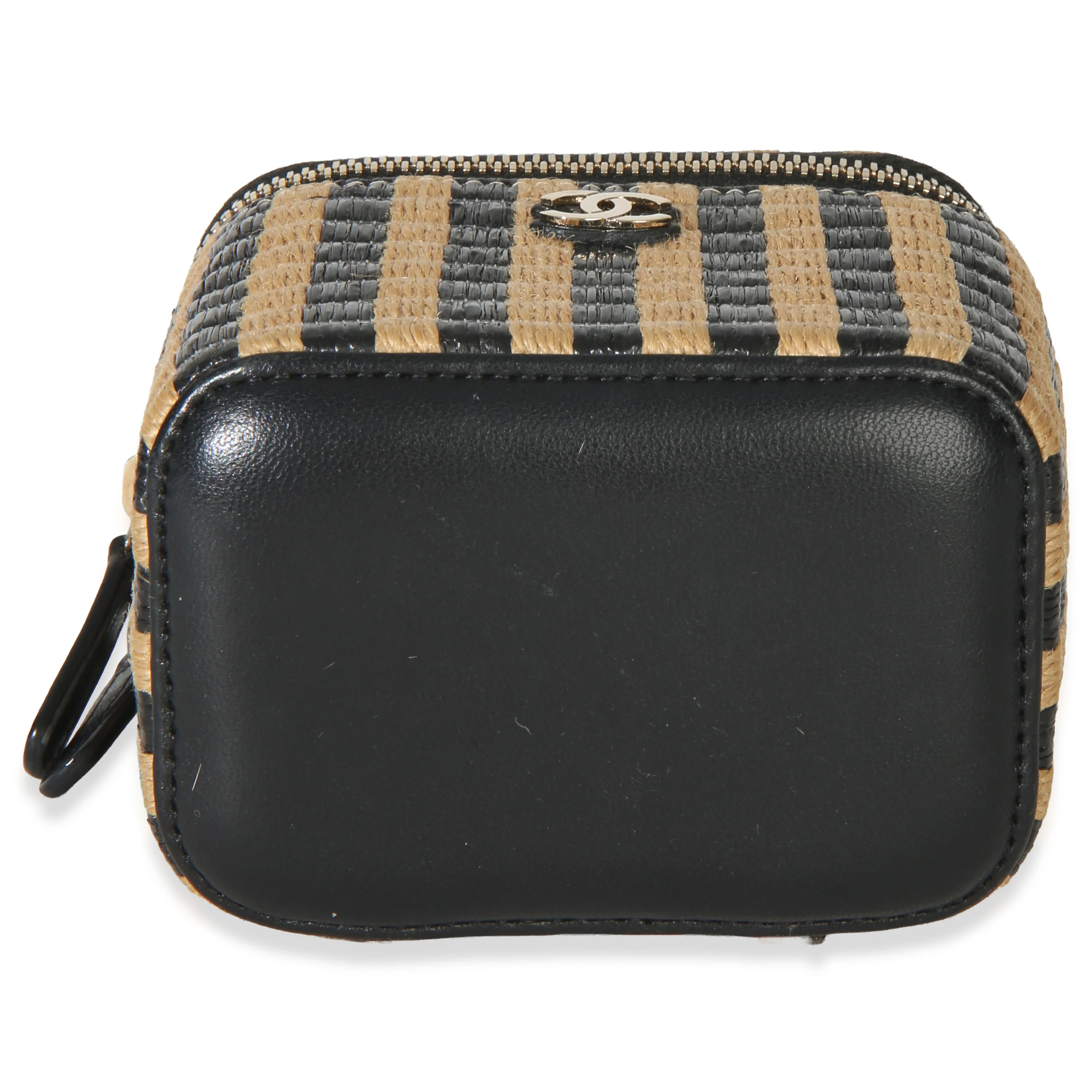 Black Beige Raffia Jute Striped Mini Vanity Case With Chain - Image 5