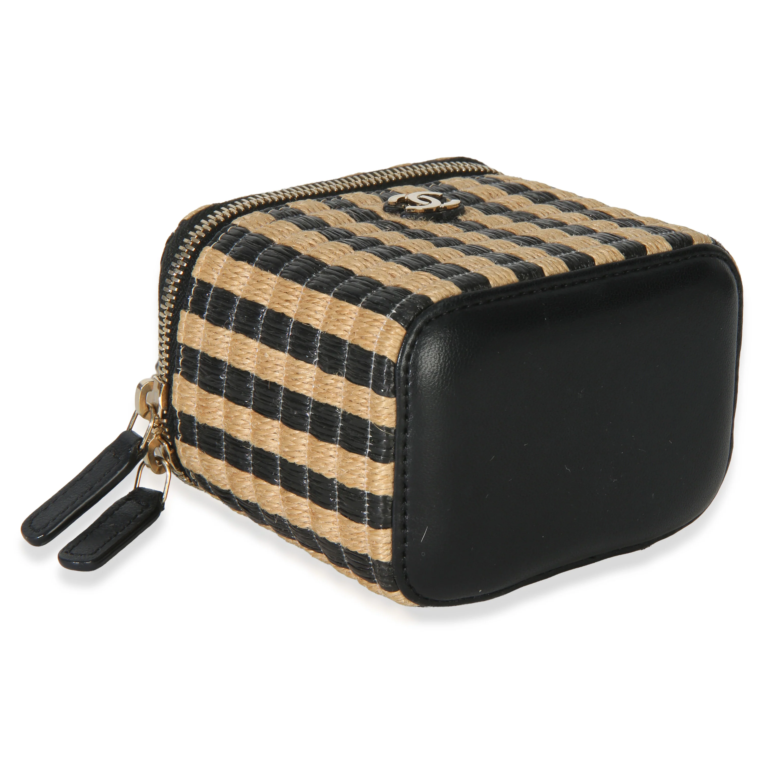 Black Beige Raffia Jute Striped Mini Vanity Case With Chain - Image 6