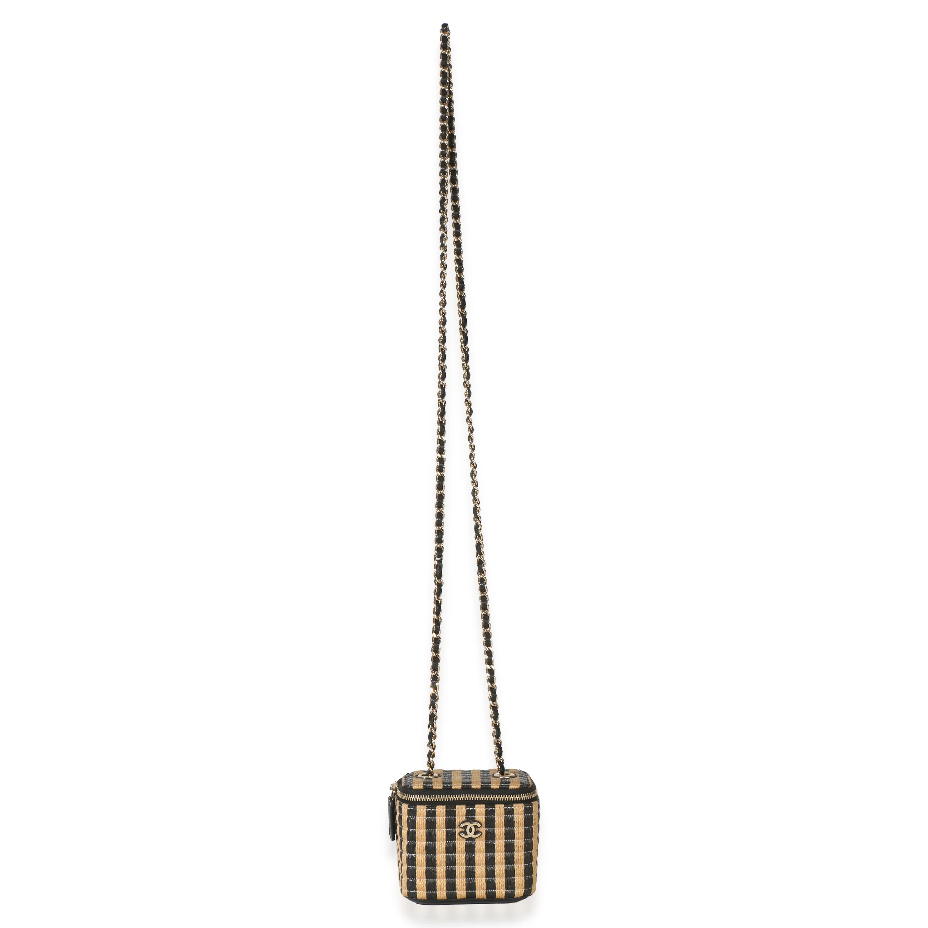 Black Beige Raffia Jute Striped Mini Vanity Case With Chain - Image 8