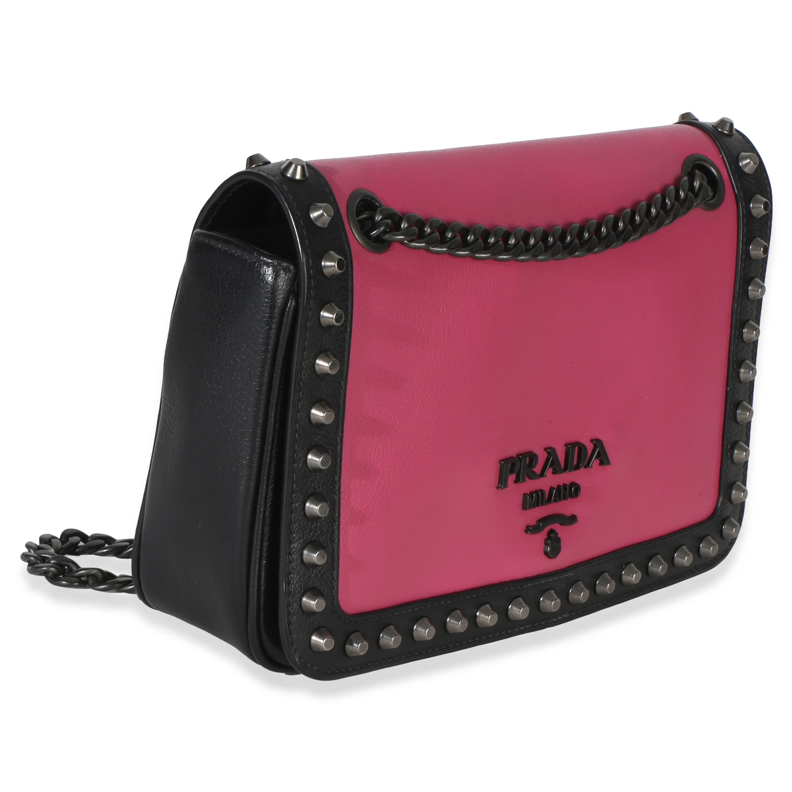 Black Pink Calfskin Glace Studded Chain Flap - Image 3