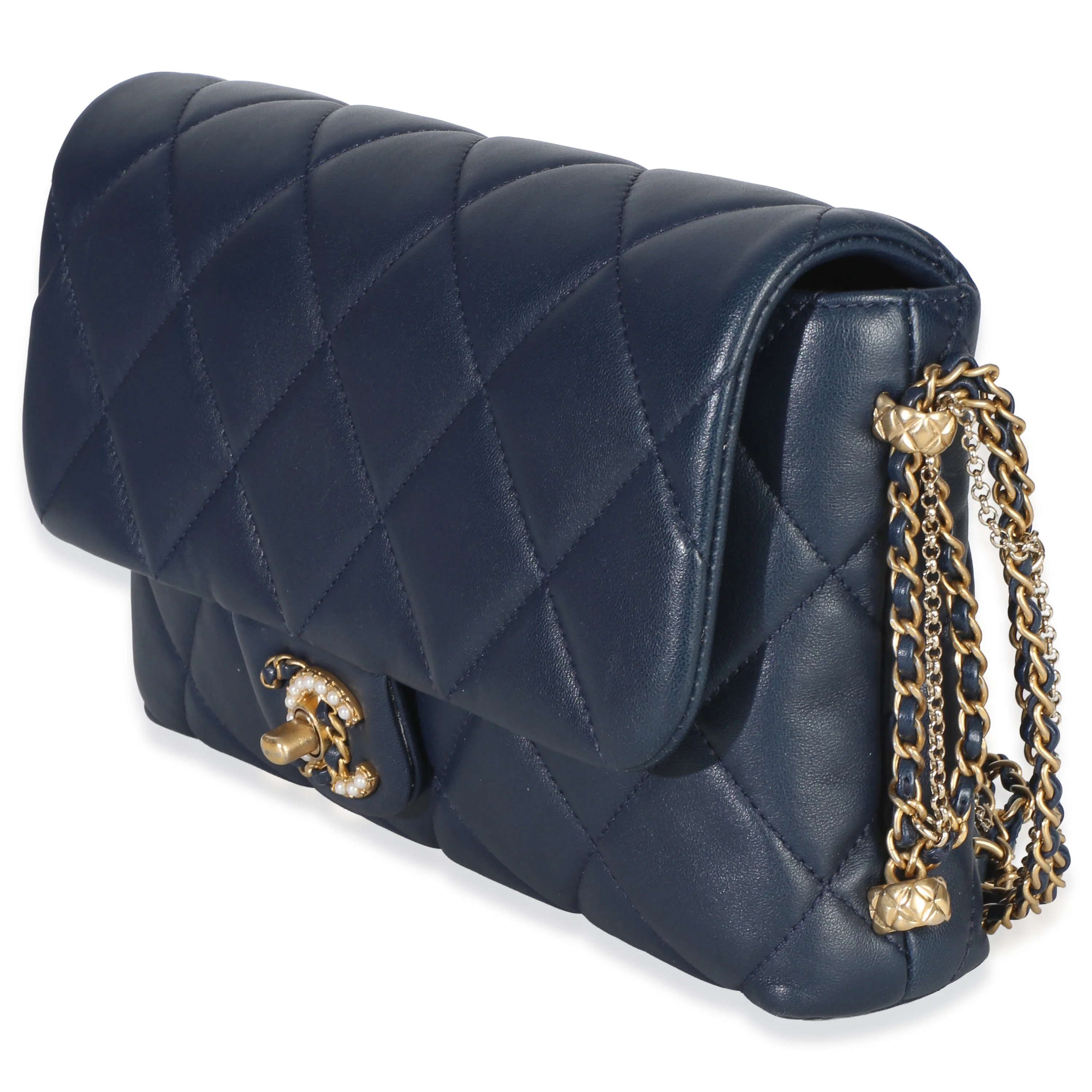 Navy Quilted Lambskin Pearl CC Crush Small Triple Chain Flap Bag - Image 2