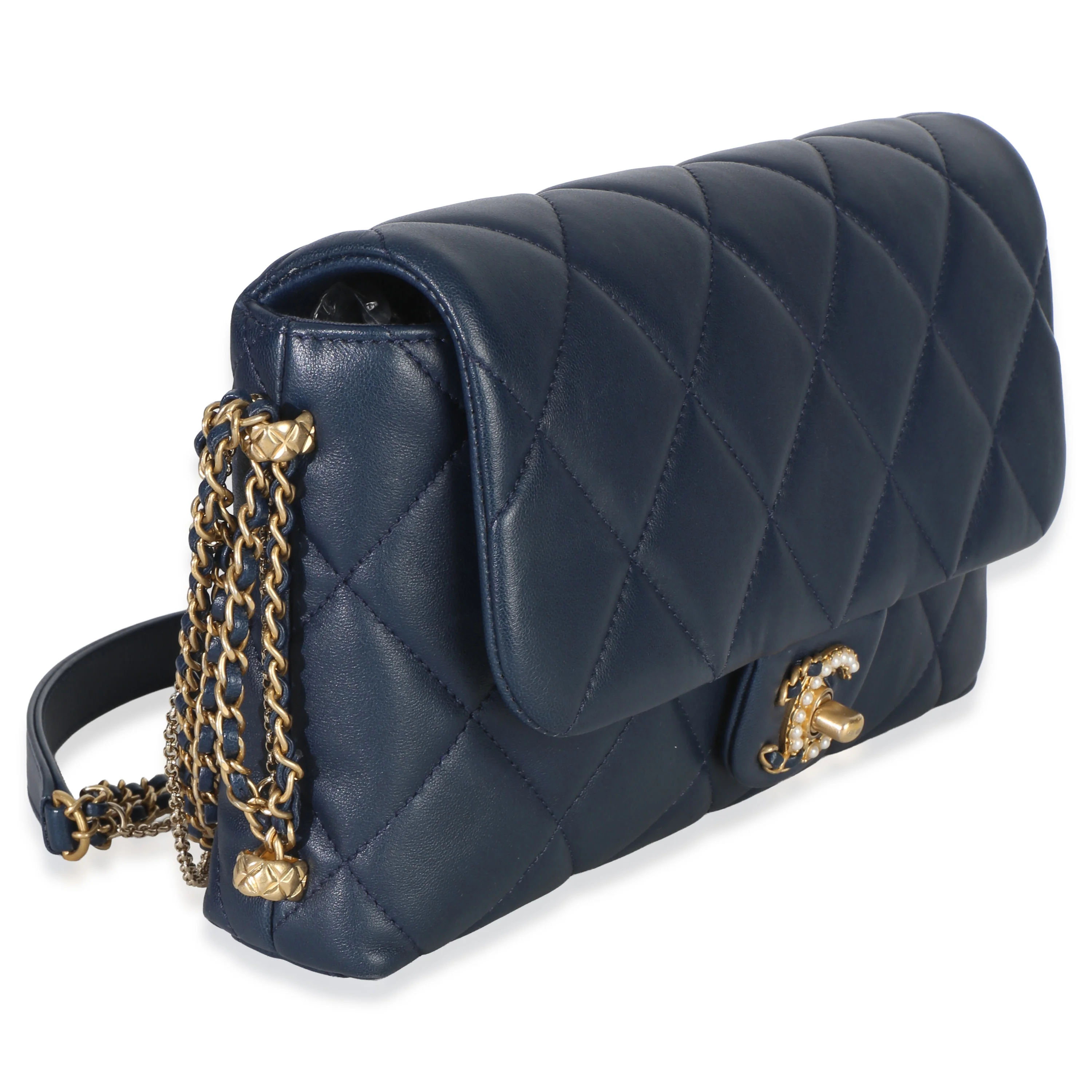 Navy Quilted Lambskin Pearl CC Crush Small Triple Chain Flap Bag - Image 3