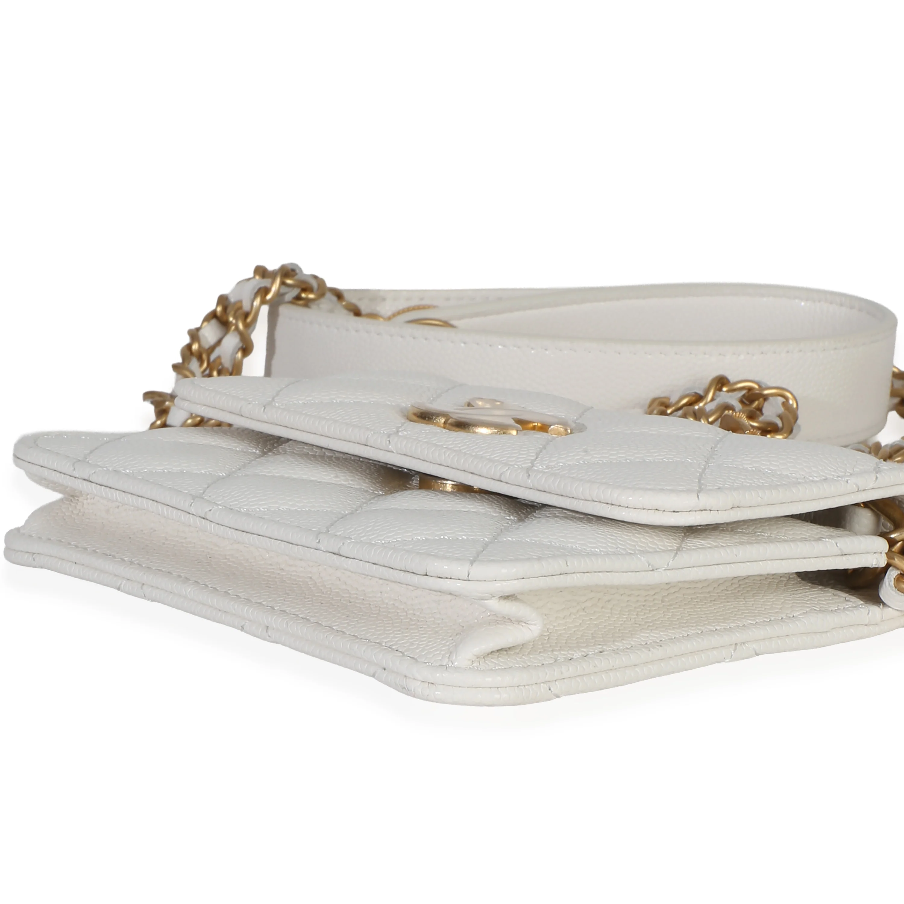 White Quilted Caviar Twist Your Buttons Coin Purse With Chain - Image 7