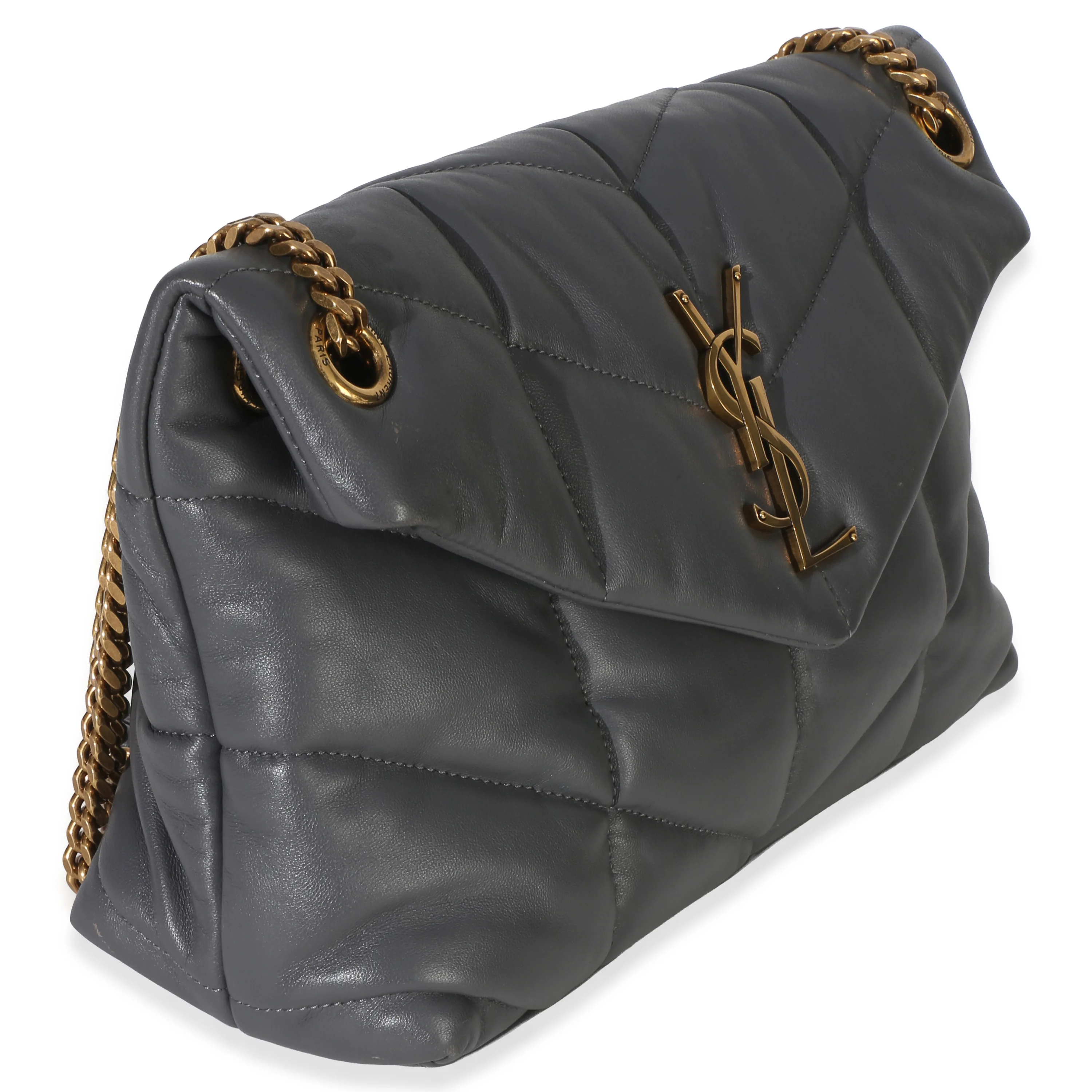 Grey Quilted Lambskin Small Loulou Puffer Chain Satchel - Image 3
