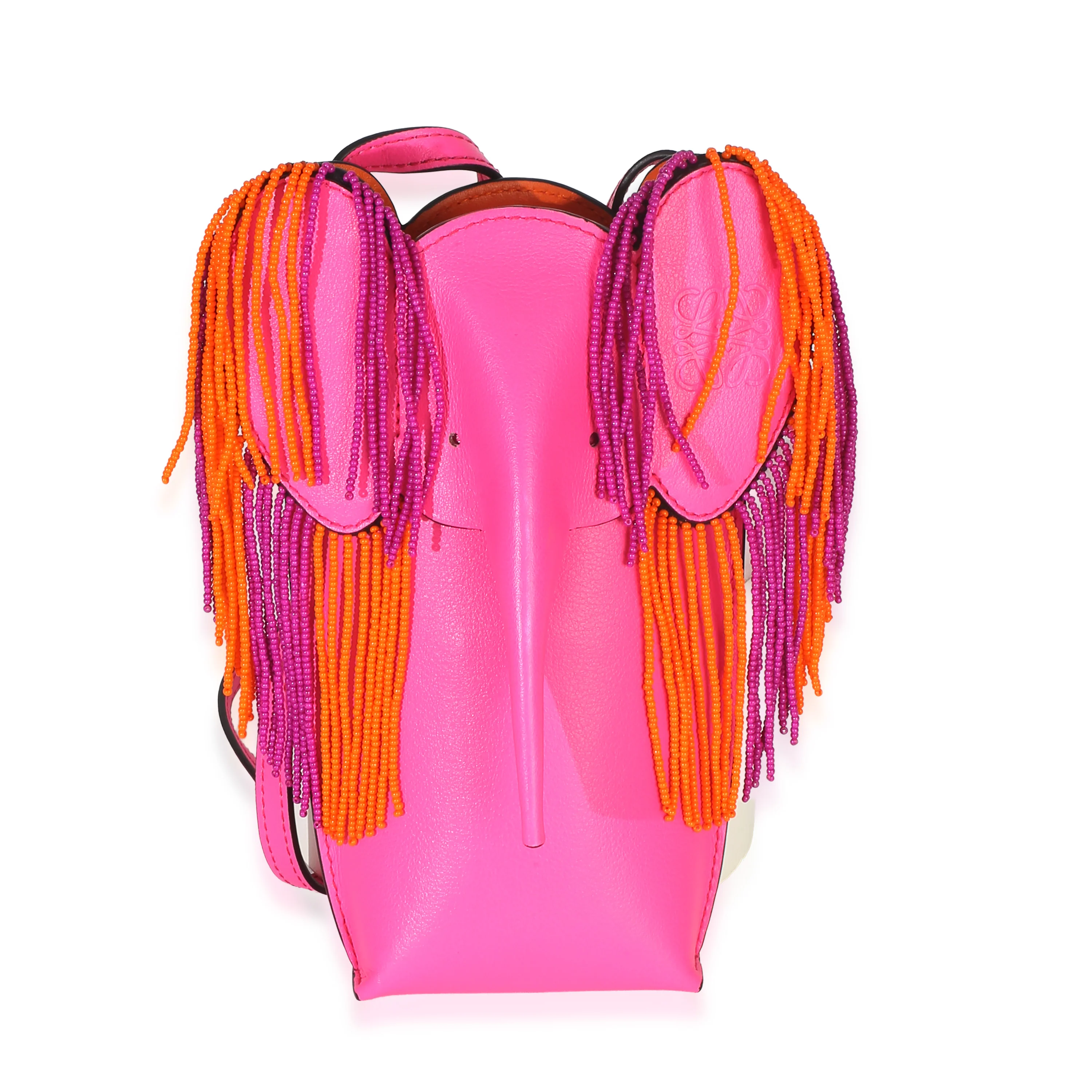 Pink Orange Calfskin Bead Fringe Elephant Pouch Crossbody Bag