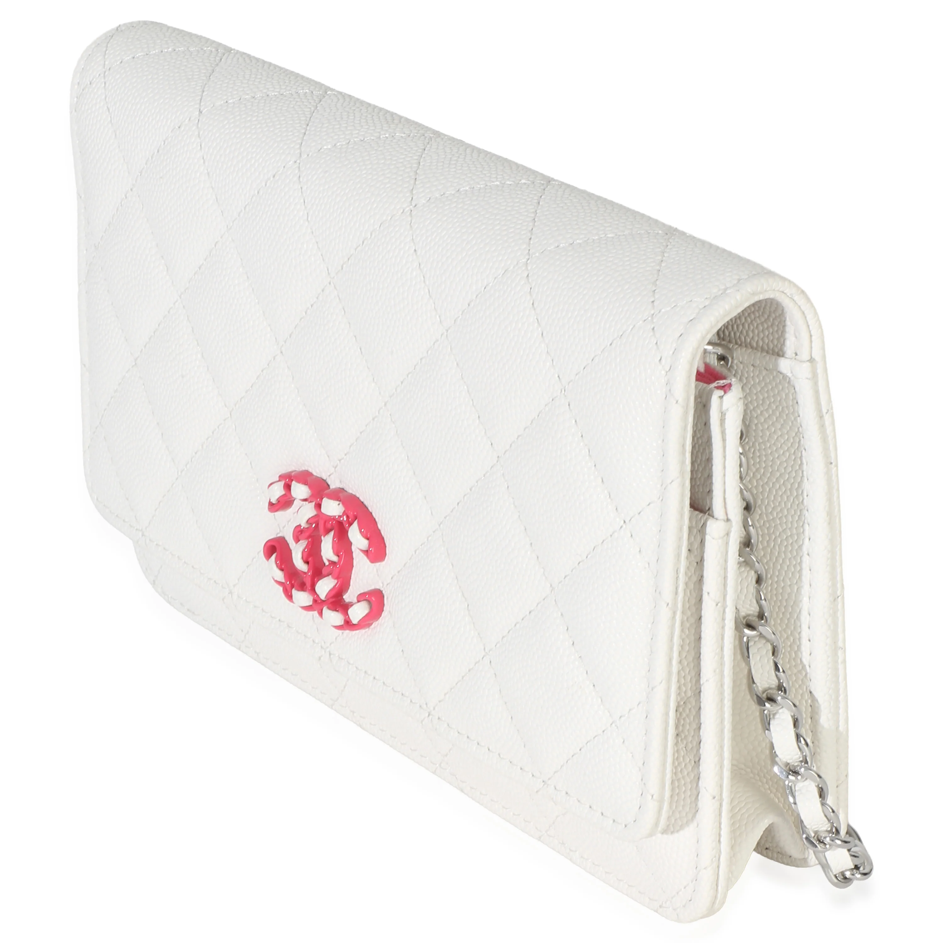 White Pink Quilted Caviar Woven CC Wallet On Chain - Image 2