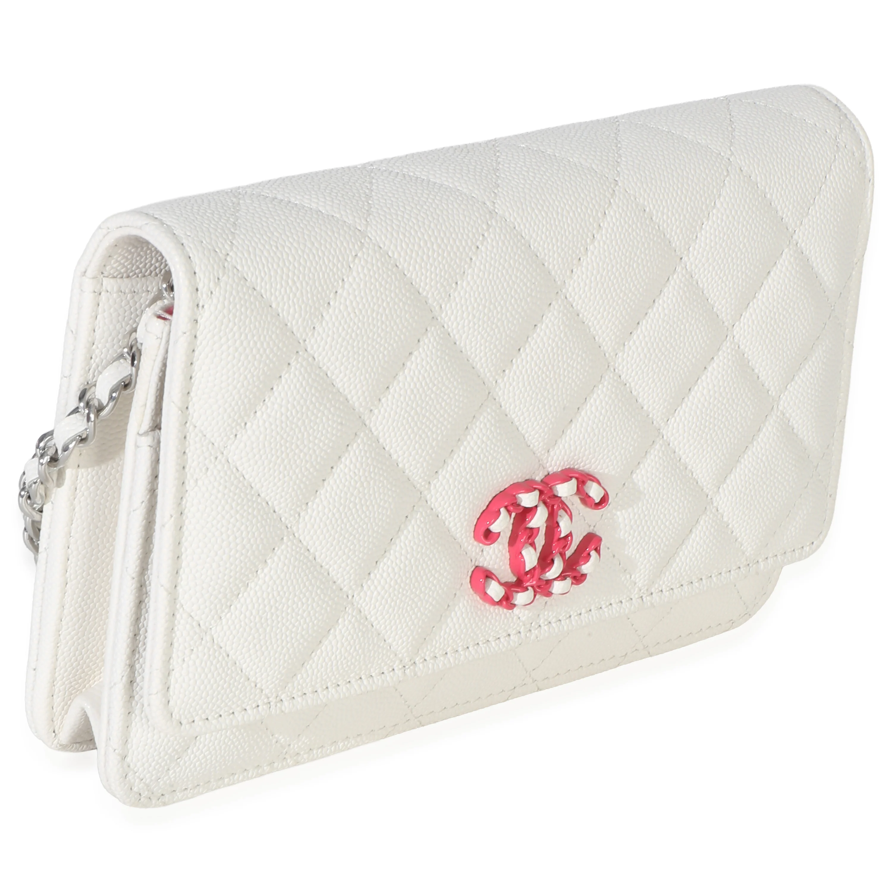 White Pink Quilted Caviar Woven CC Wallet On Chain - Image 3