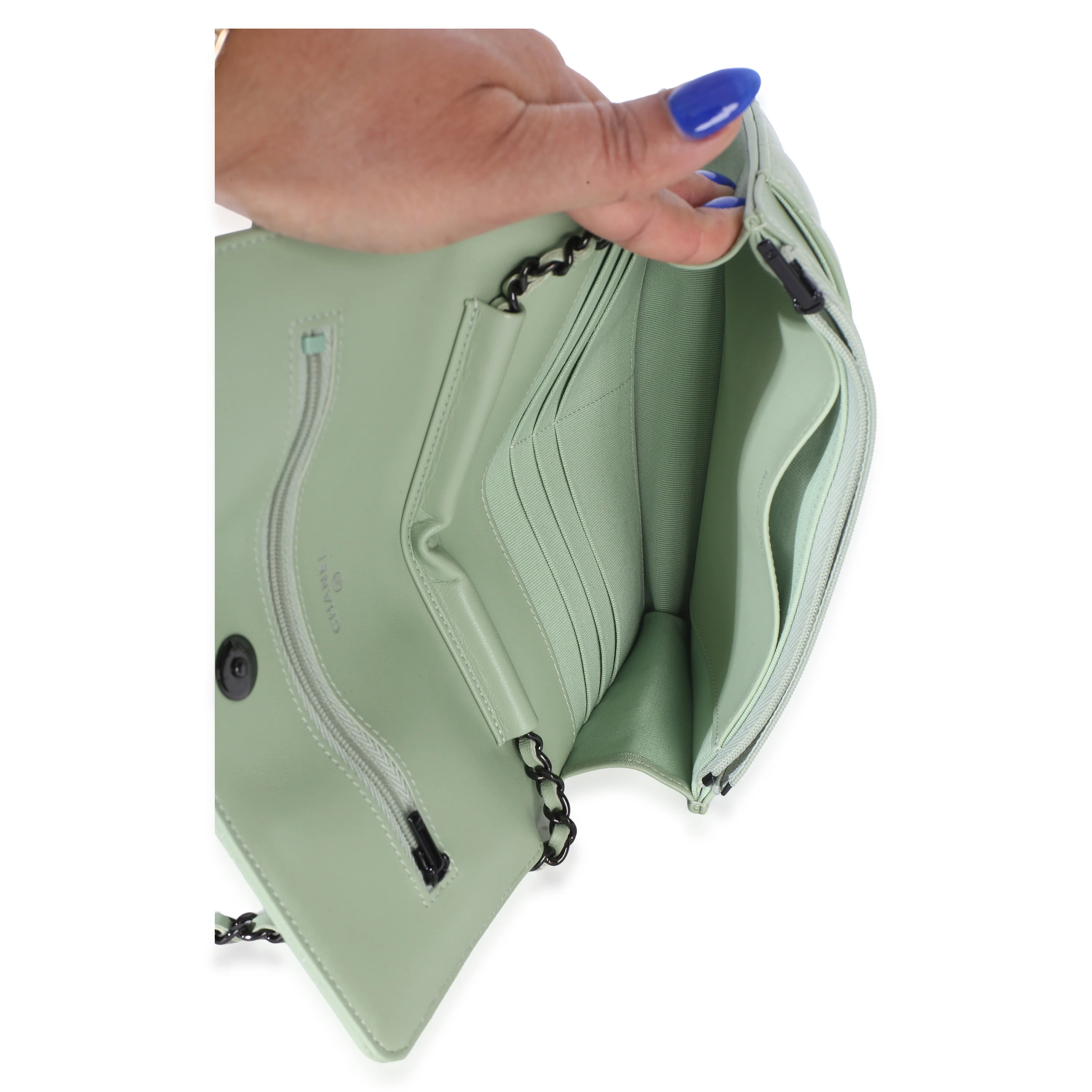 Light Green Quilted Lambskin Classic Wallet On Chain - Image 9