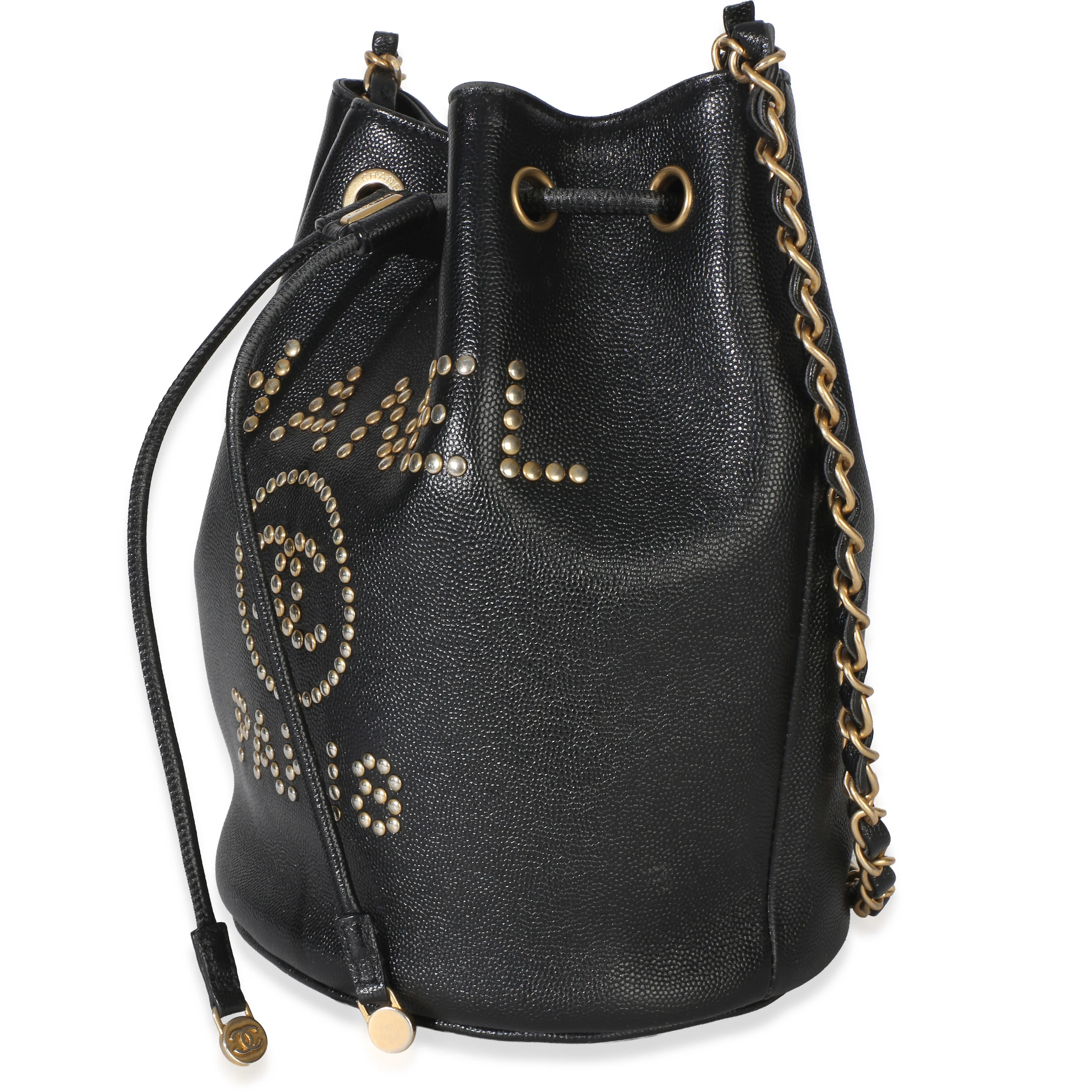 Black Caviar Studded Deauville Drawstring Bucket Handbag - Image 2