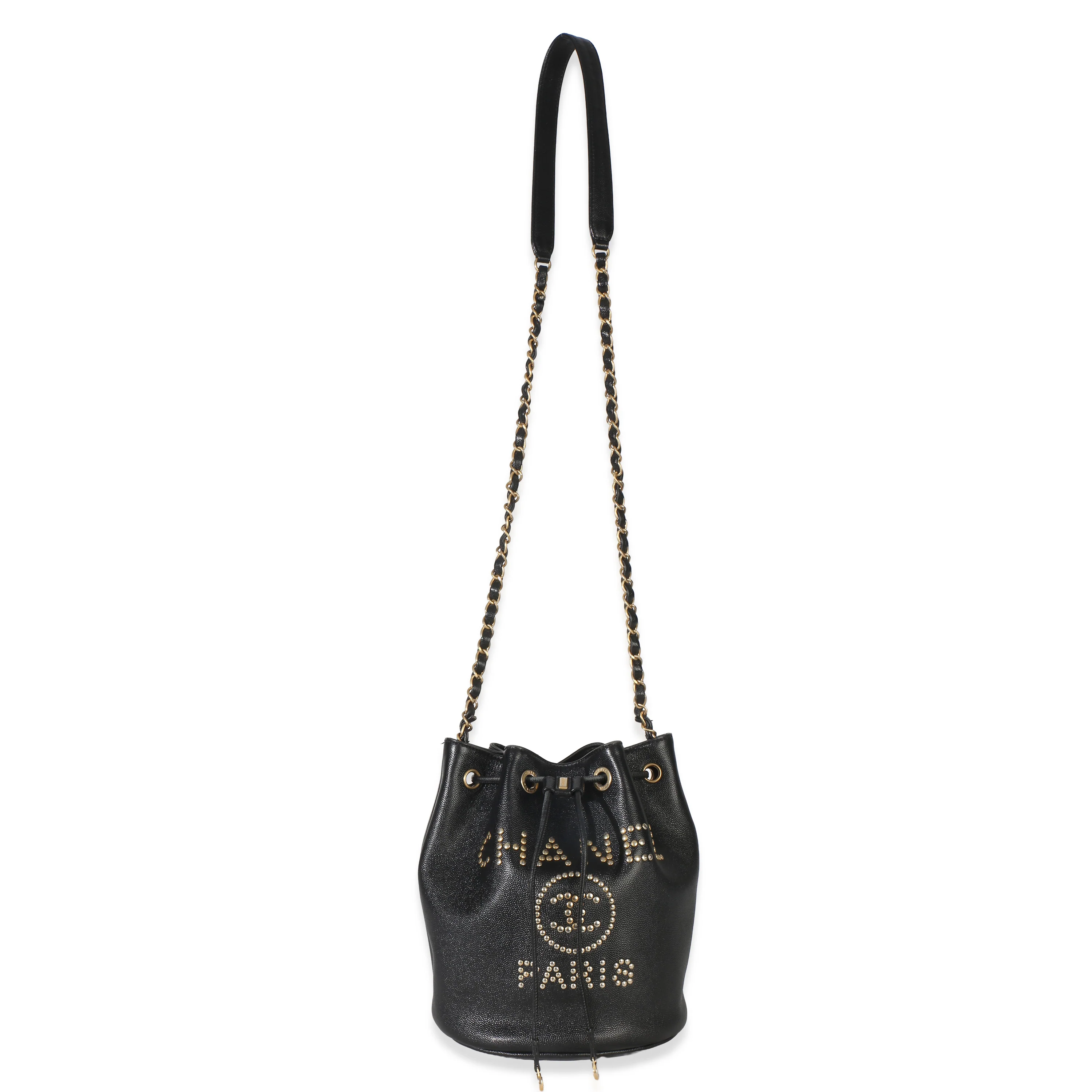 Black Caviar Studded Deauville Drawstring Bucket Handbag - Image 5