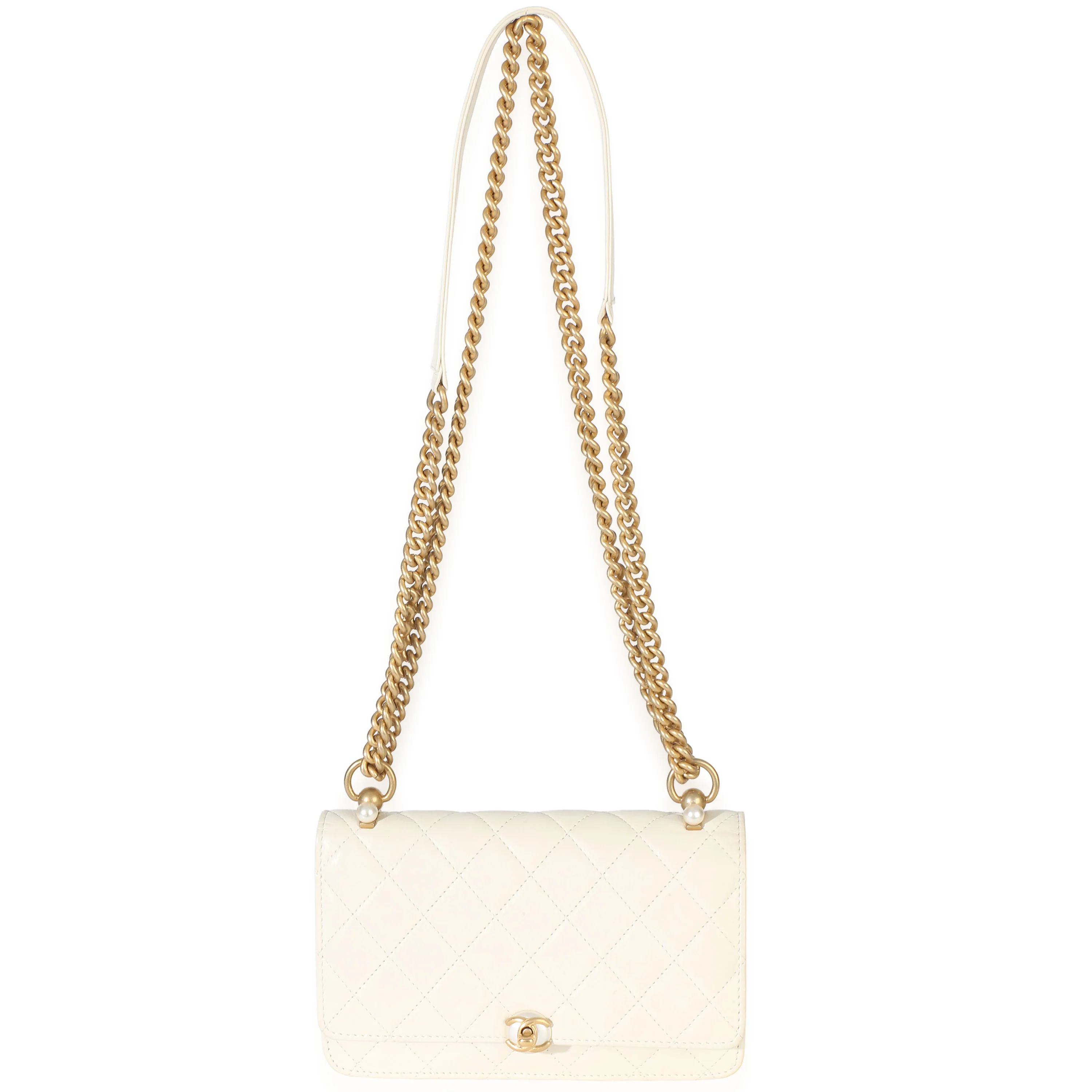 White Quilted Calfskin Pearl CC Wallet On Chain - Image 8