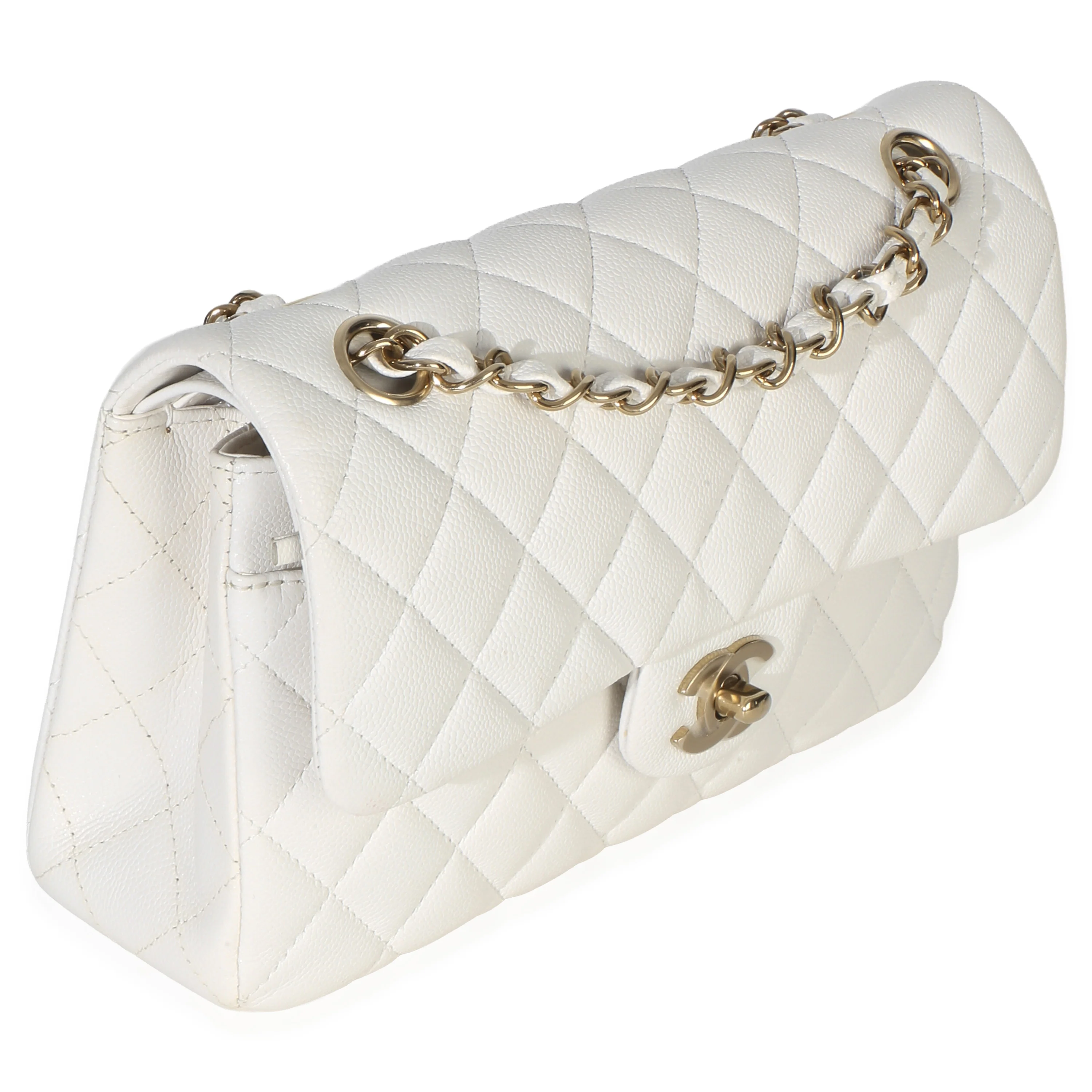 White Quilted Caviar Small Classic Double Flap Handbag - Image 3