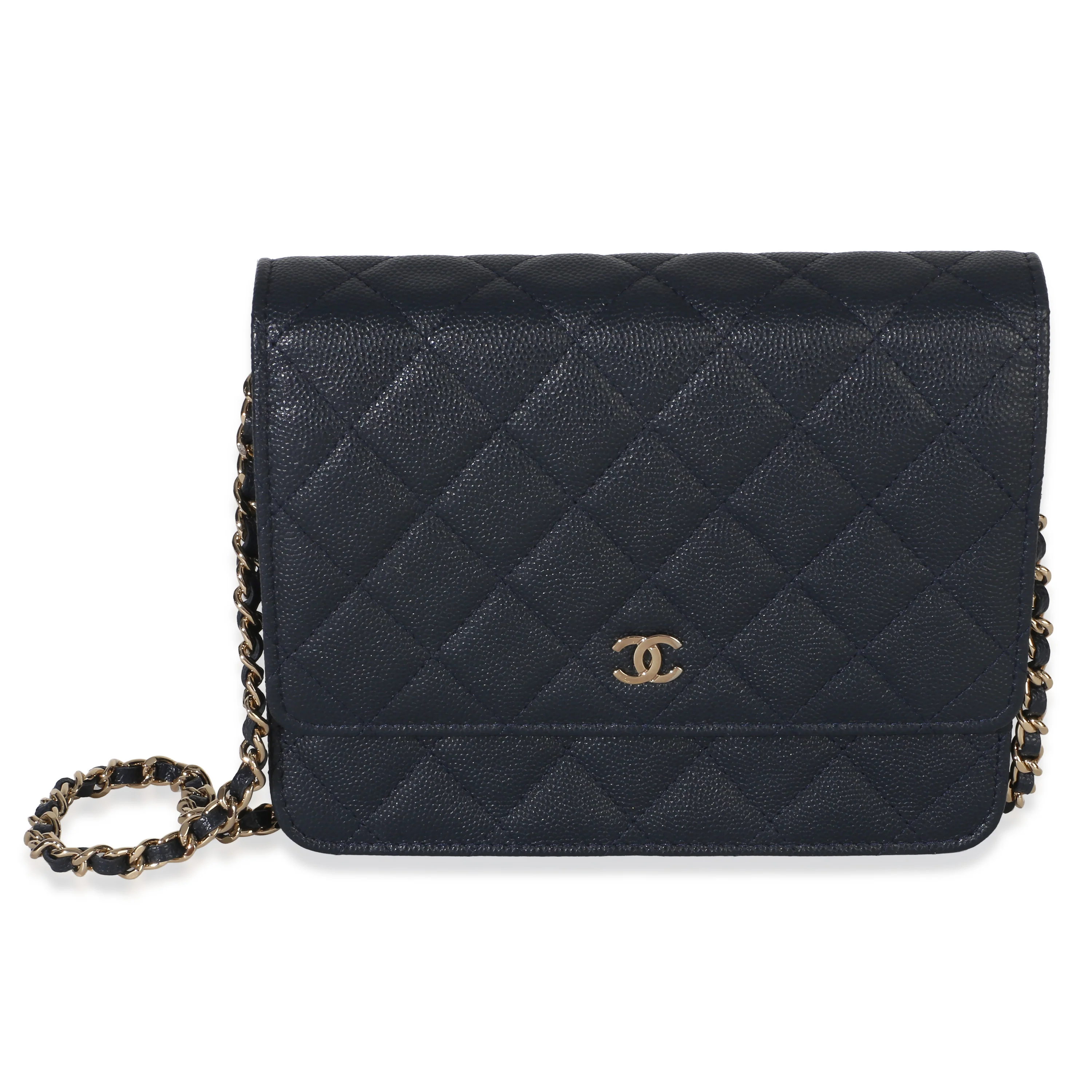 Navy Quilted Caviar Square Wallet On Chain