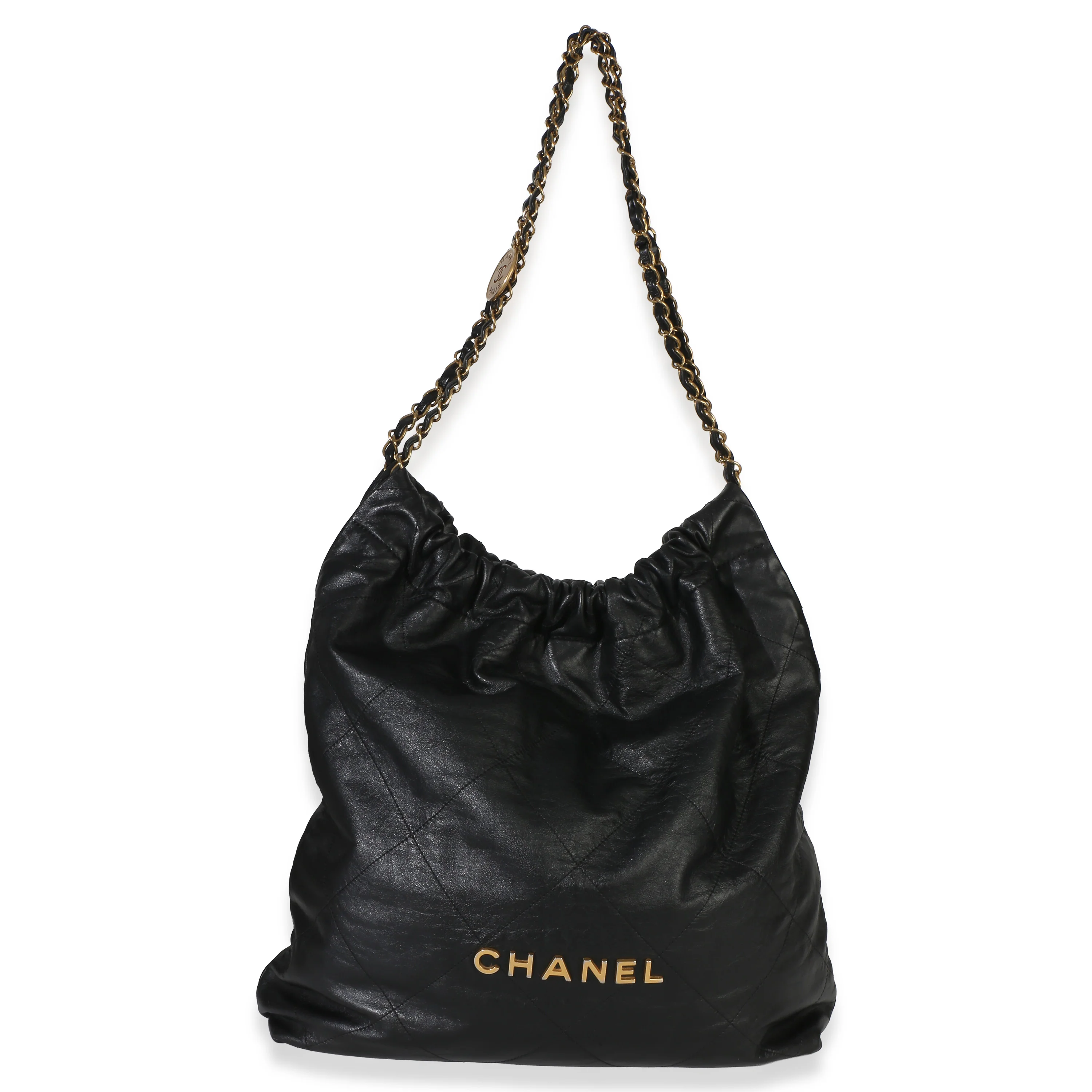 Black Quilted Crumpled Calfskin Large Chanel 22 Hobo - Image 3