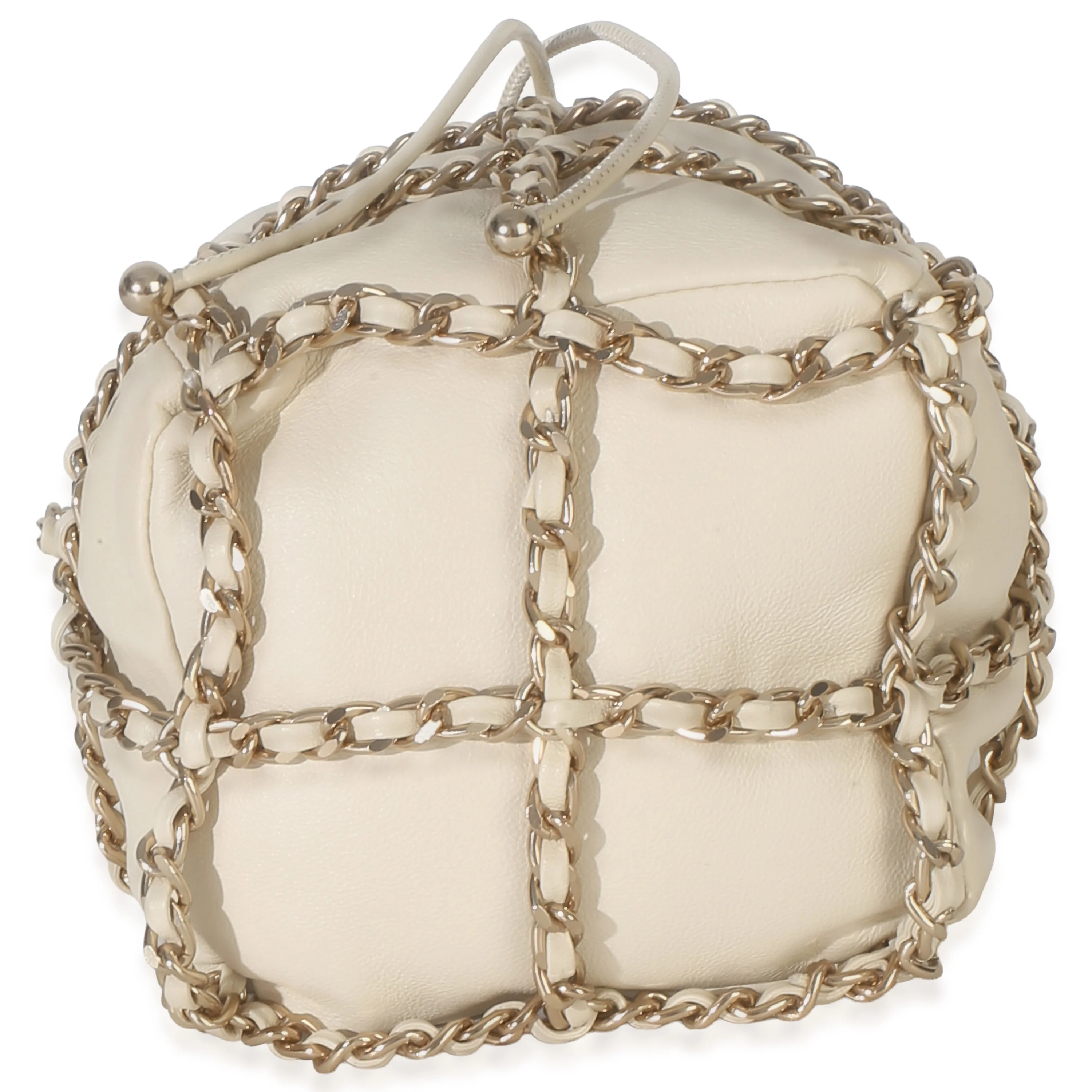 White Lambskin Chain Frame Drawstring Bucket Bag - Image 5
