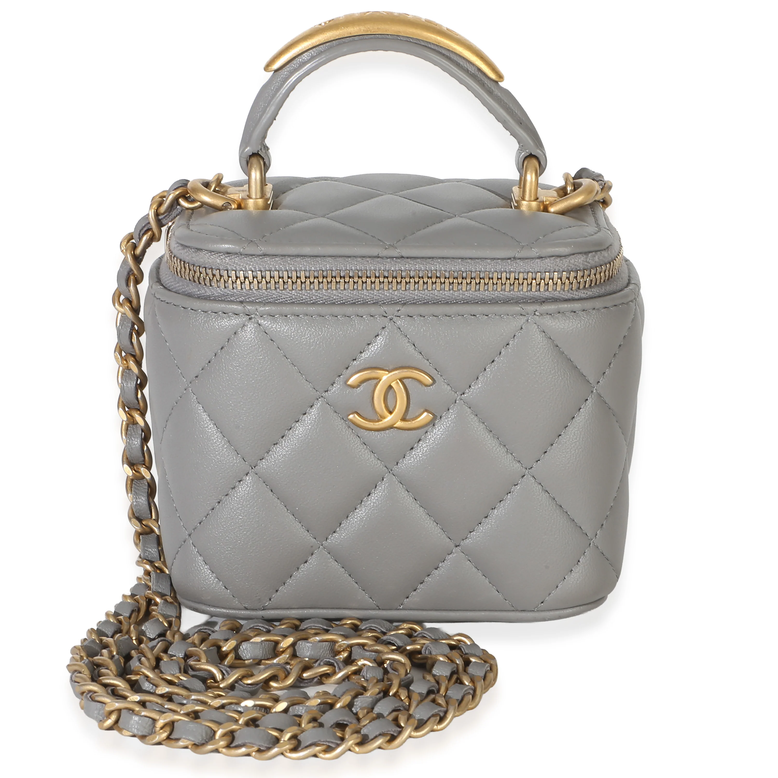Grey Quilted Lambskin Metal Top Handle Mini Vanity Case