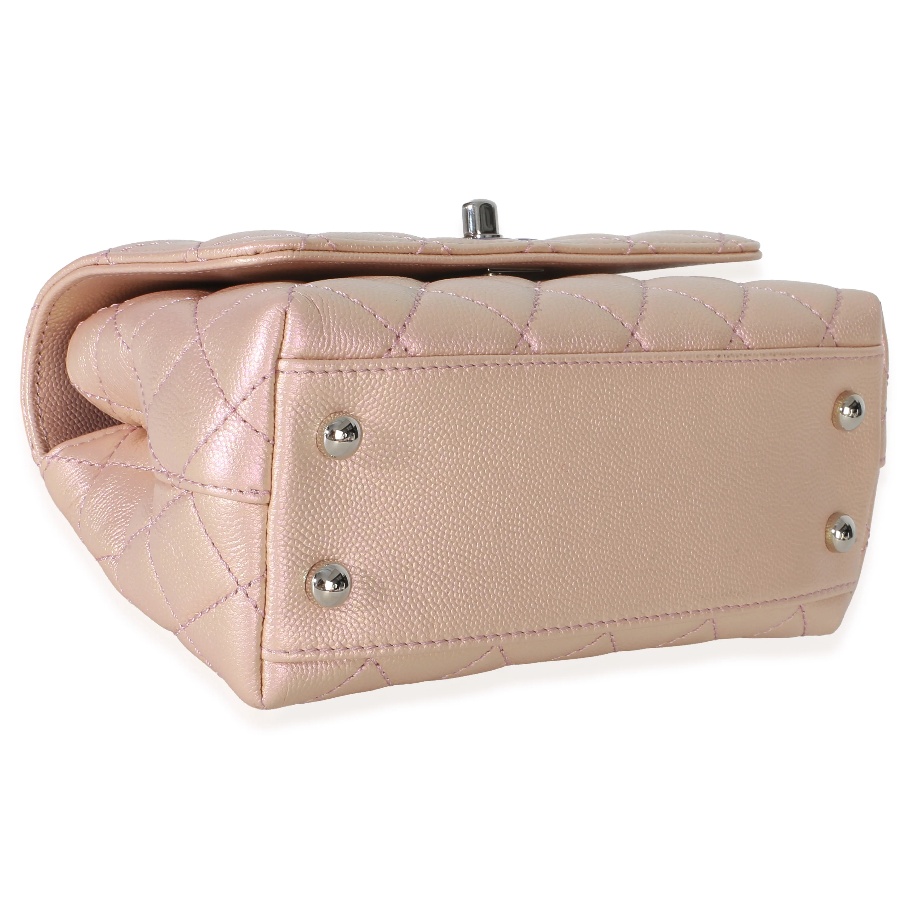 Light Pink Iridescent Quilted Caviar Mini Coco Top Handle Flap Bag - Image 6