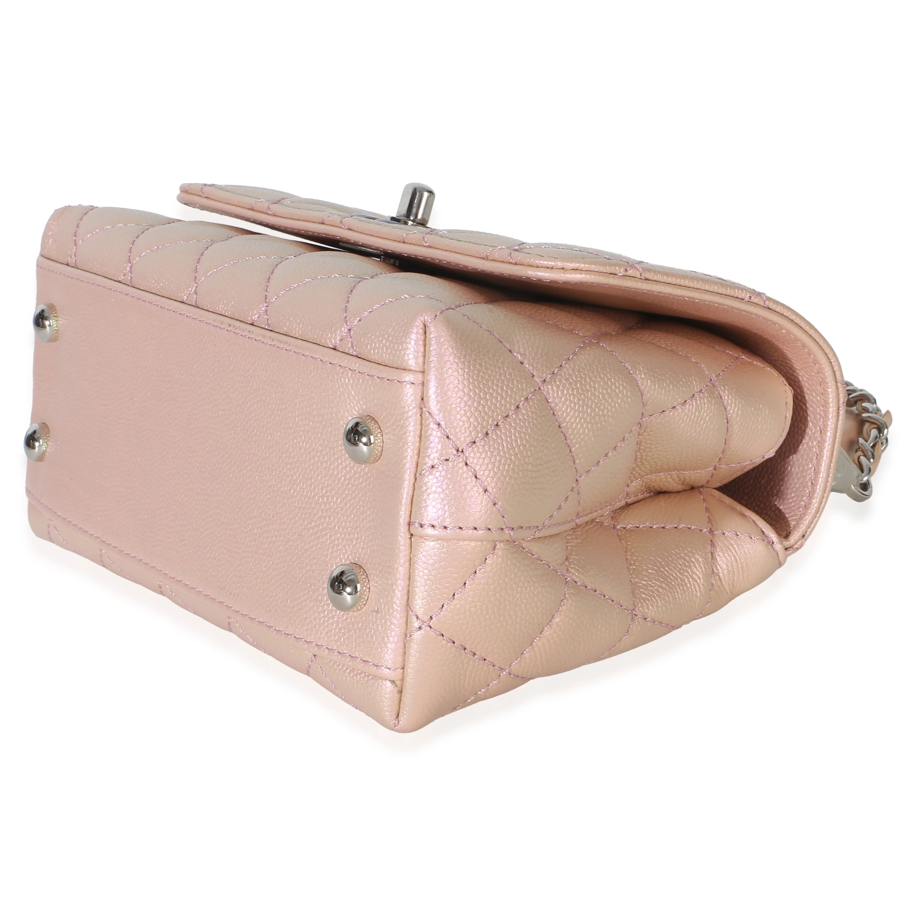 Light Pink Iridescent Quilted Caviar Mini Coco Top Handle Flap Bag - Image 7