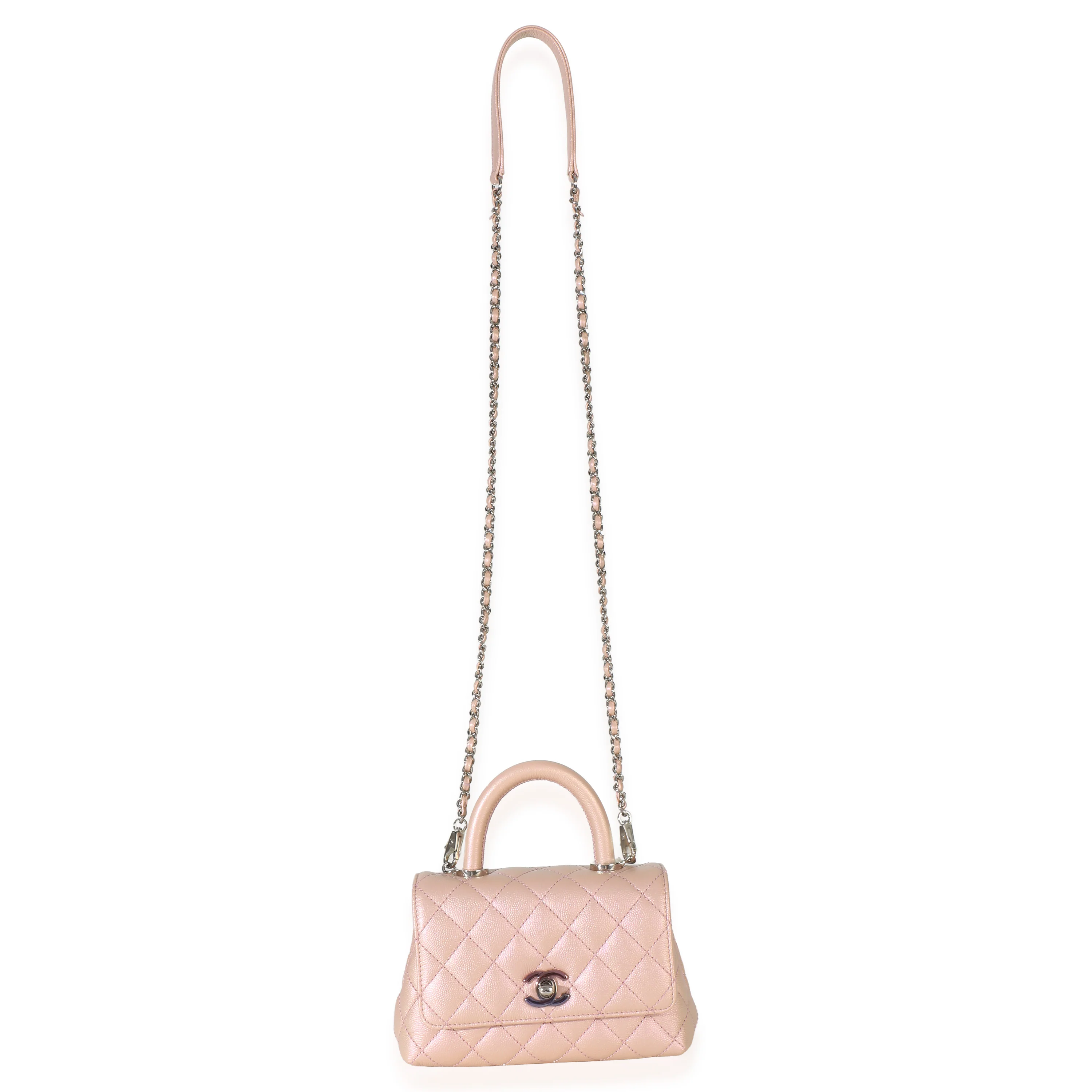 Light Pink Iridescent Quilted Caviar Mini Coco Top Handle Flap Bag - Image 8