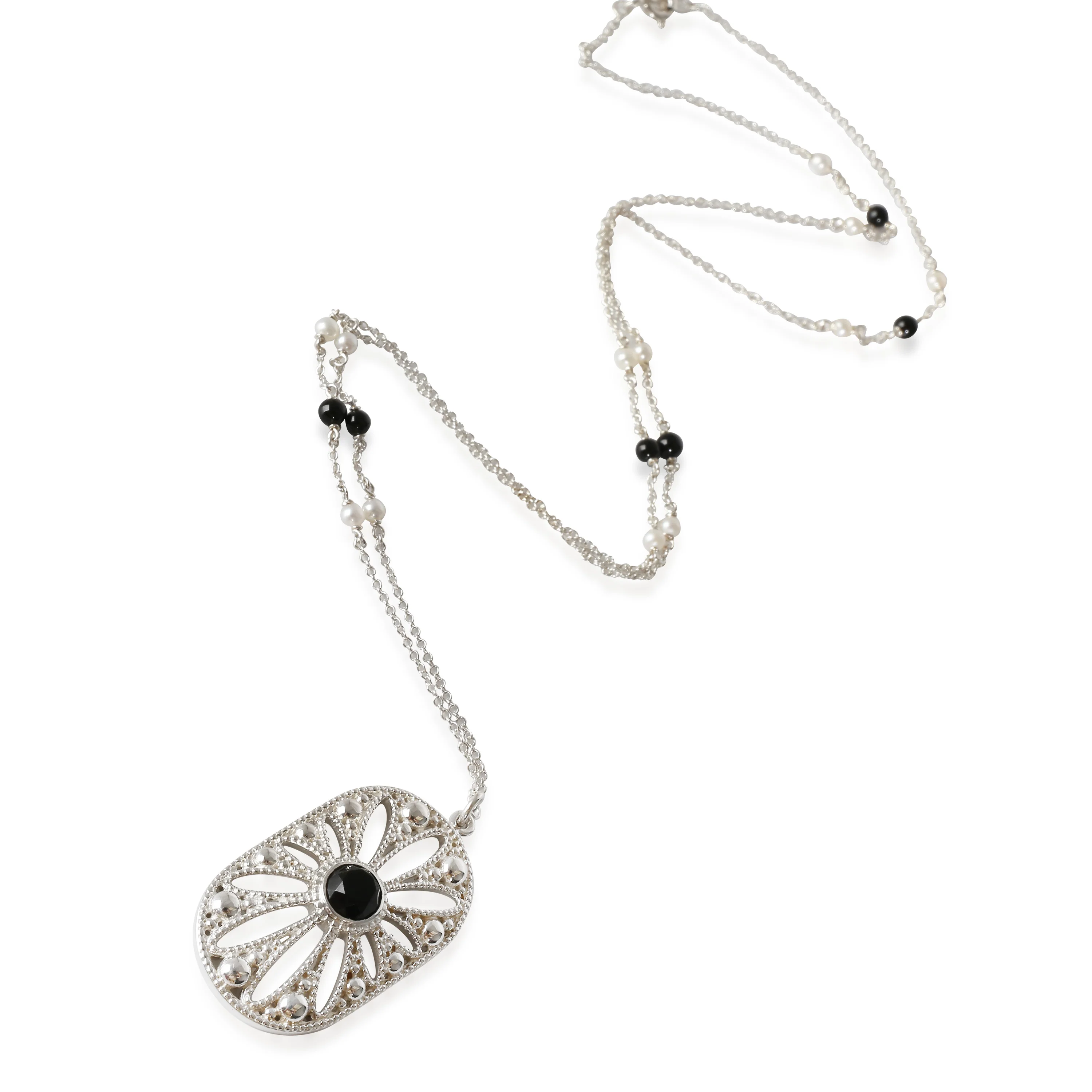 Sterling Silver Onyx and Pearl Ziegfeld Pendant Necklace - Image 2