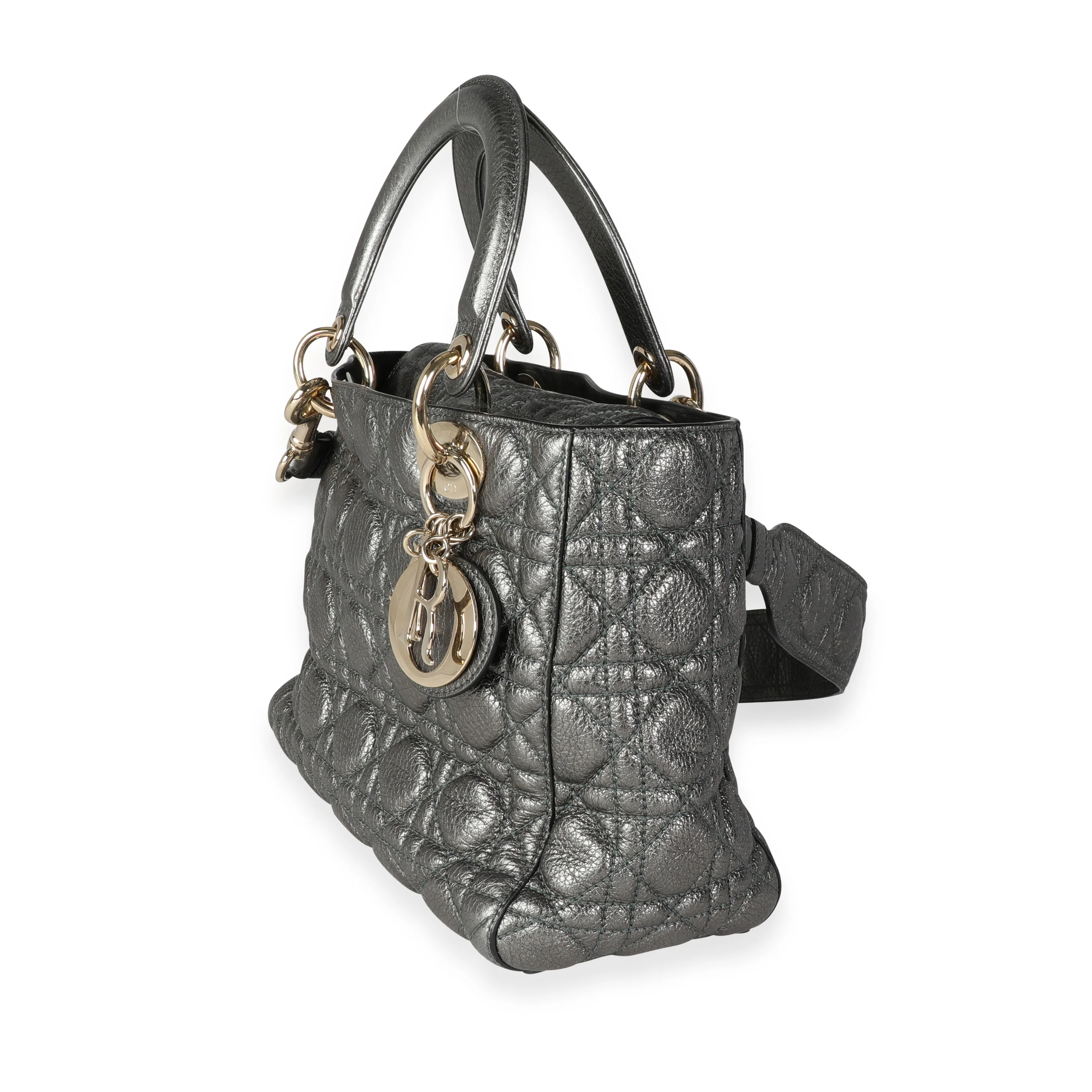 Metallic Silver Supple Cannage Leather Medium Lady Dior Tote - Image 2