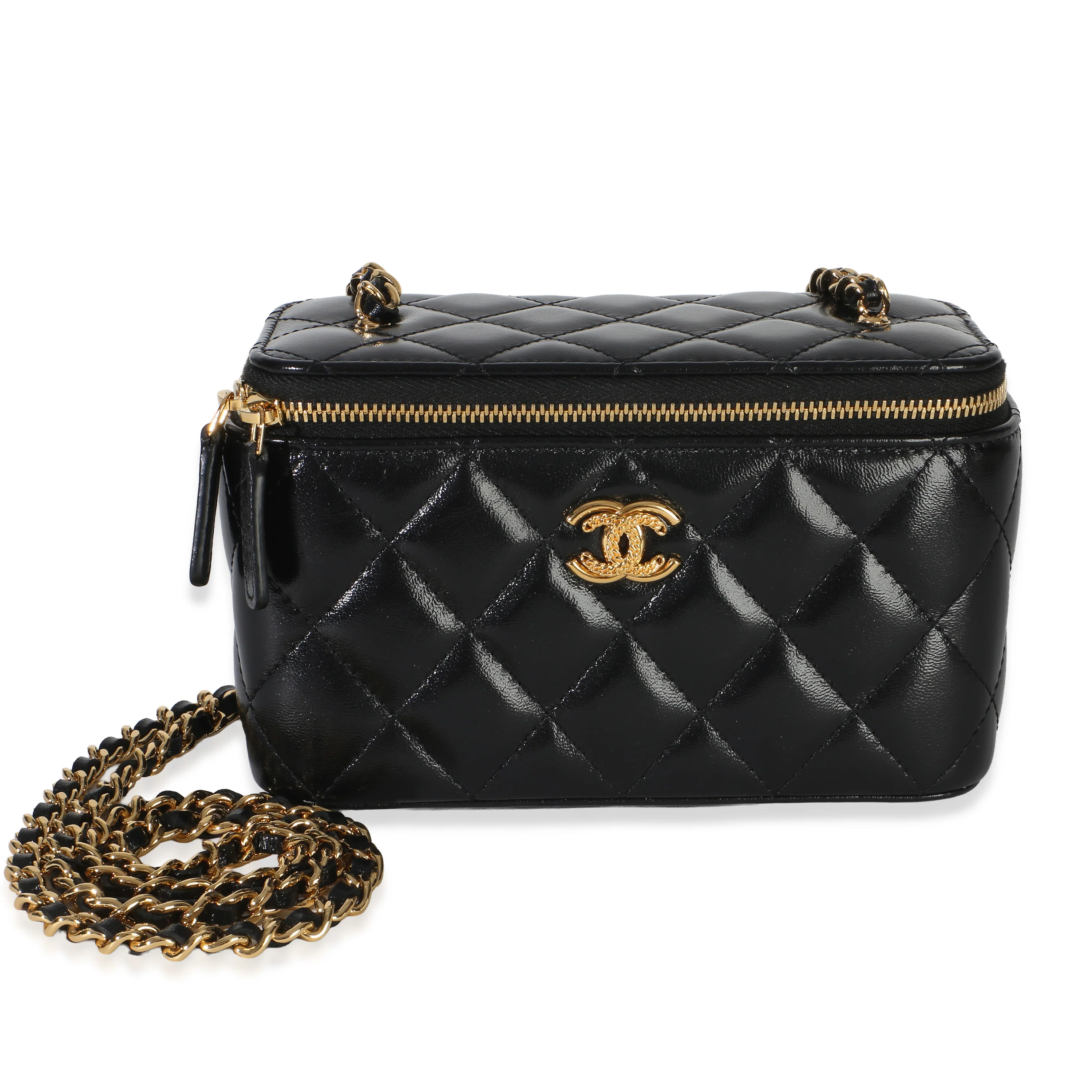 Black Quilted Shiny Lambskin CC Small Vanity Case With Chain