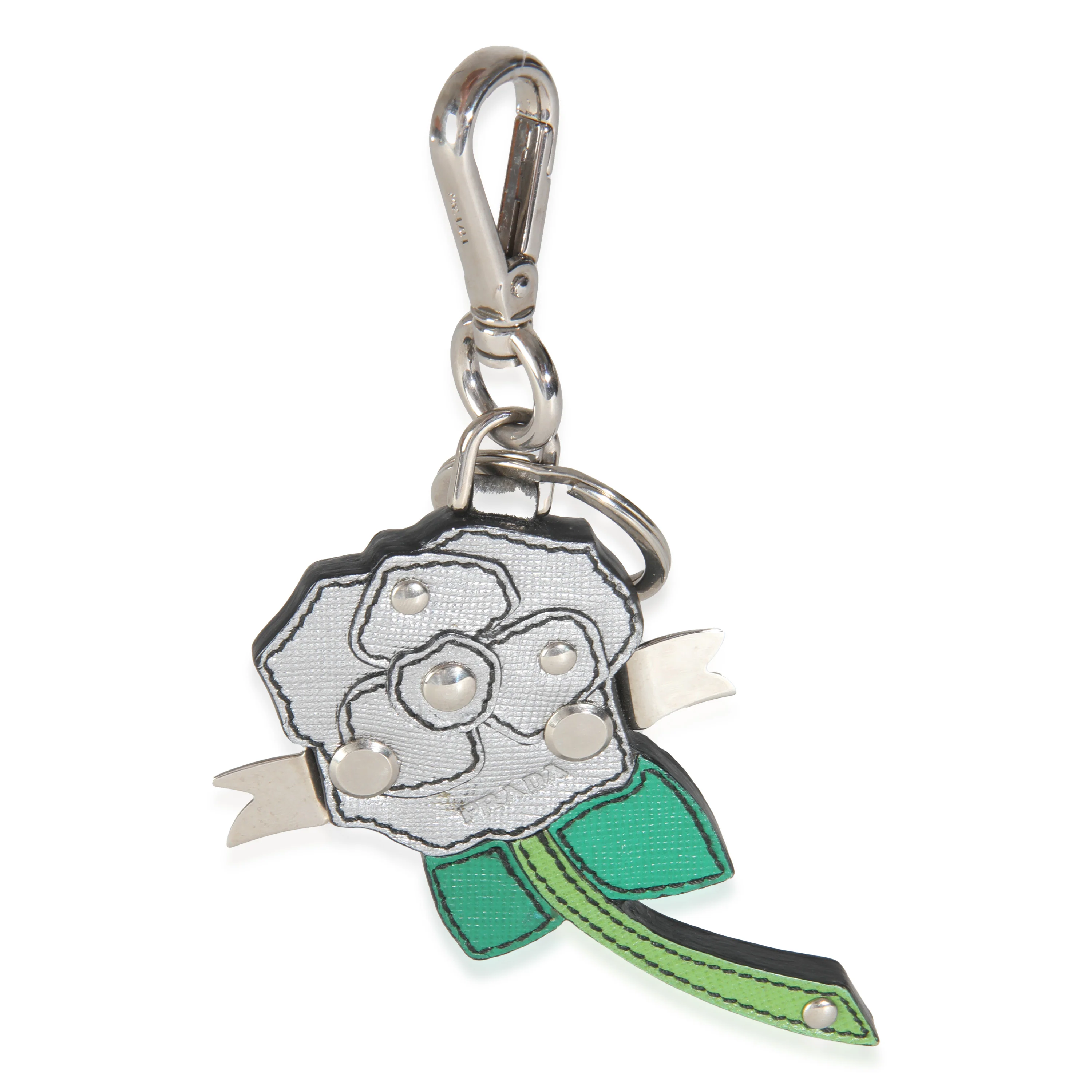 Silver Green Saffiano Flower Key Chain Bag Charm - Image 2