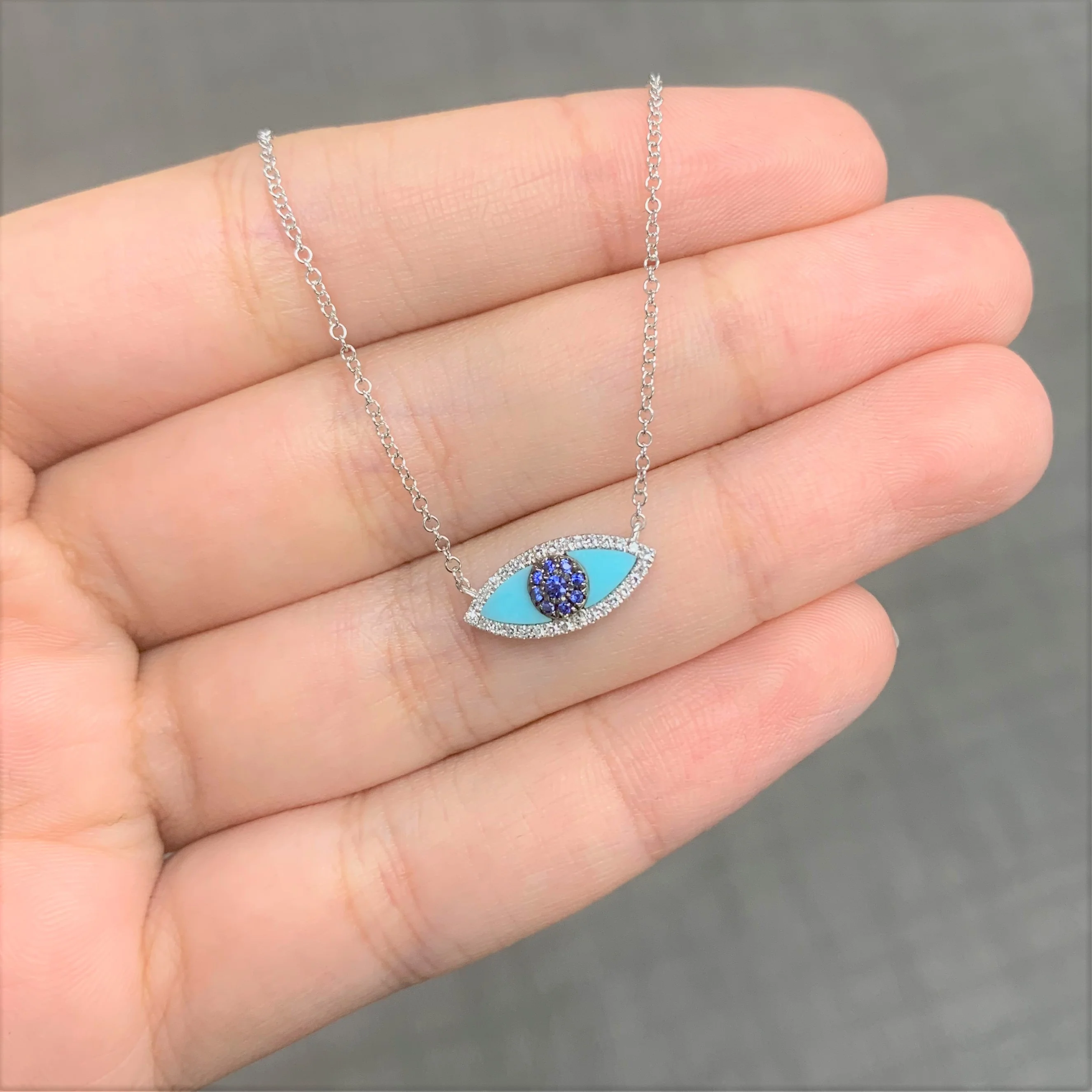 Diamond Turquoise Evil Eye Necklace in 14K Rose Gold - Image 2
