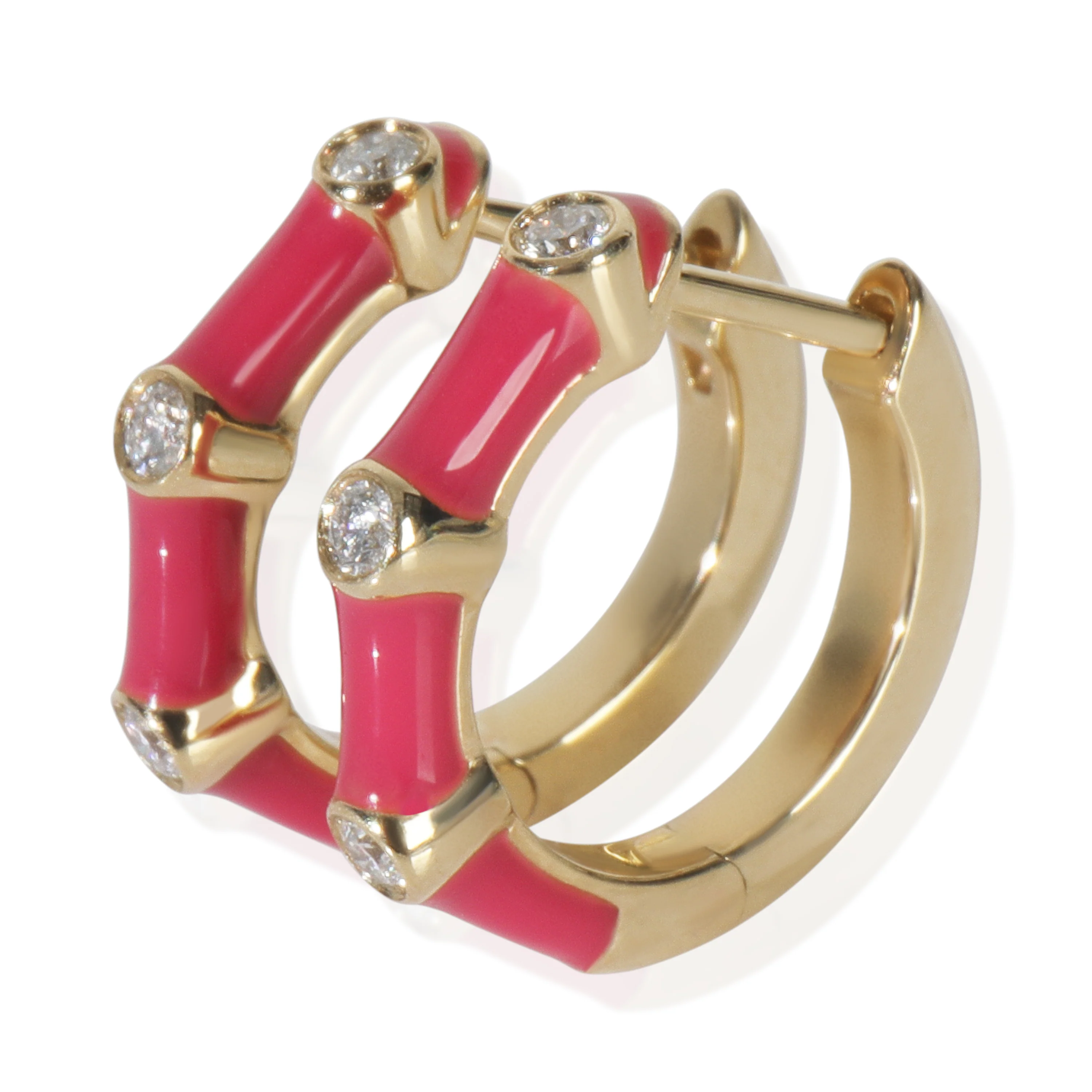 Yellow Gold Diamond Fuchsia Enamel Huggie Earrings - Image 3