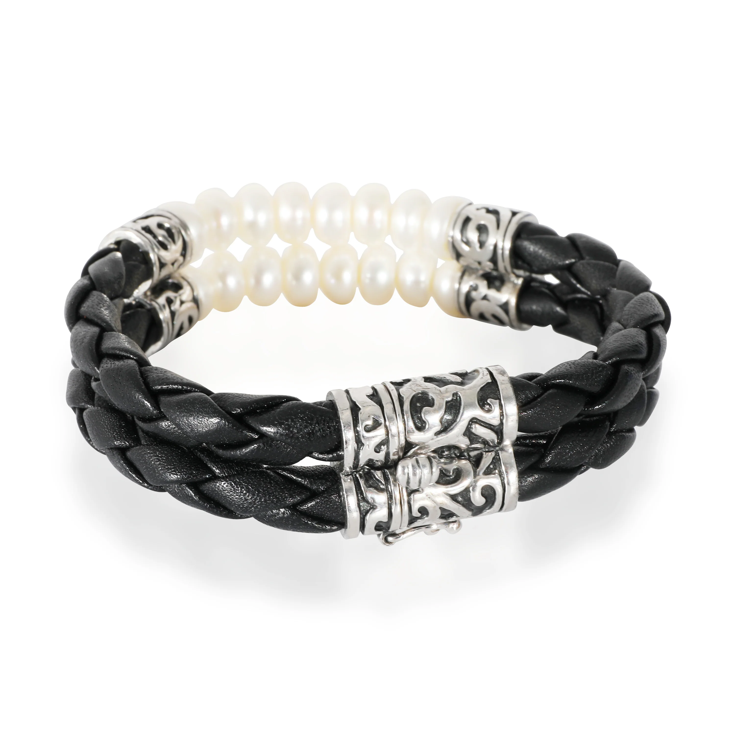 Sterling Silver Two-Row Cultured Pearl & Leather Bracelet - Image 3