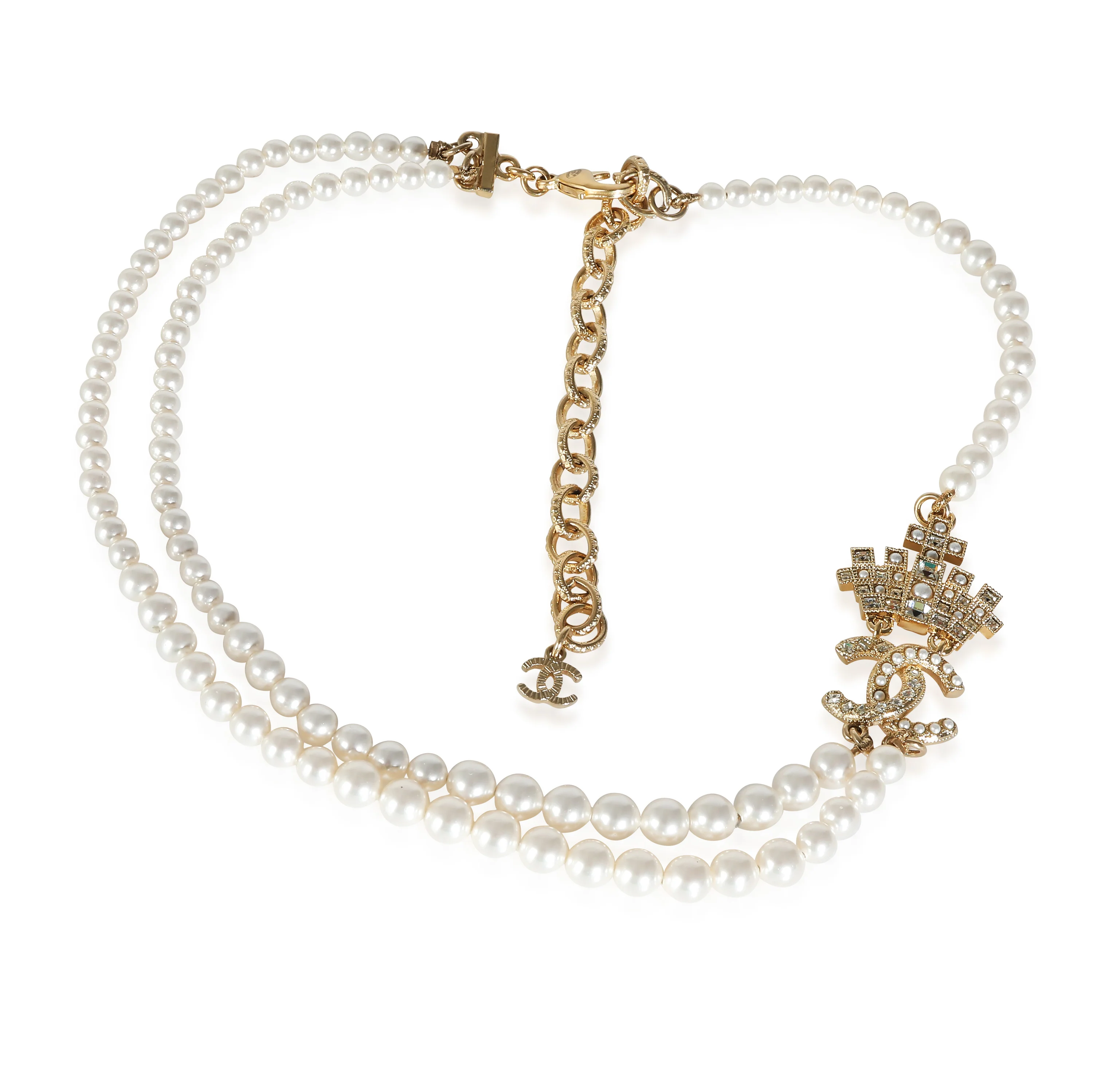 2021 Faux Pearl & Strass CC Yellow Gold Plated Necklace - Image 3