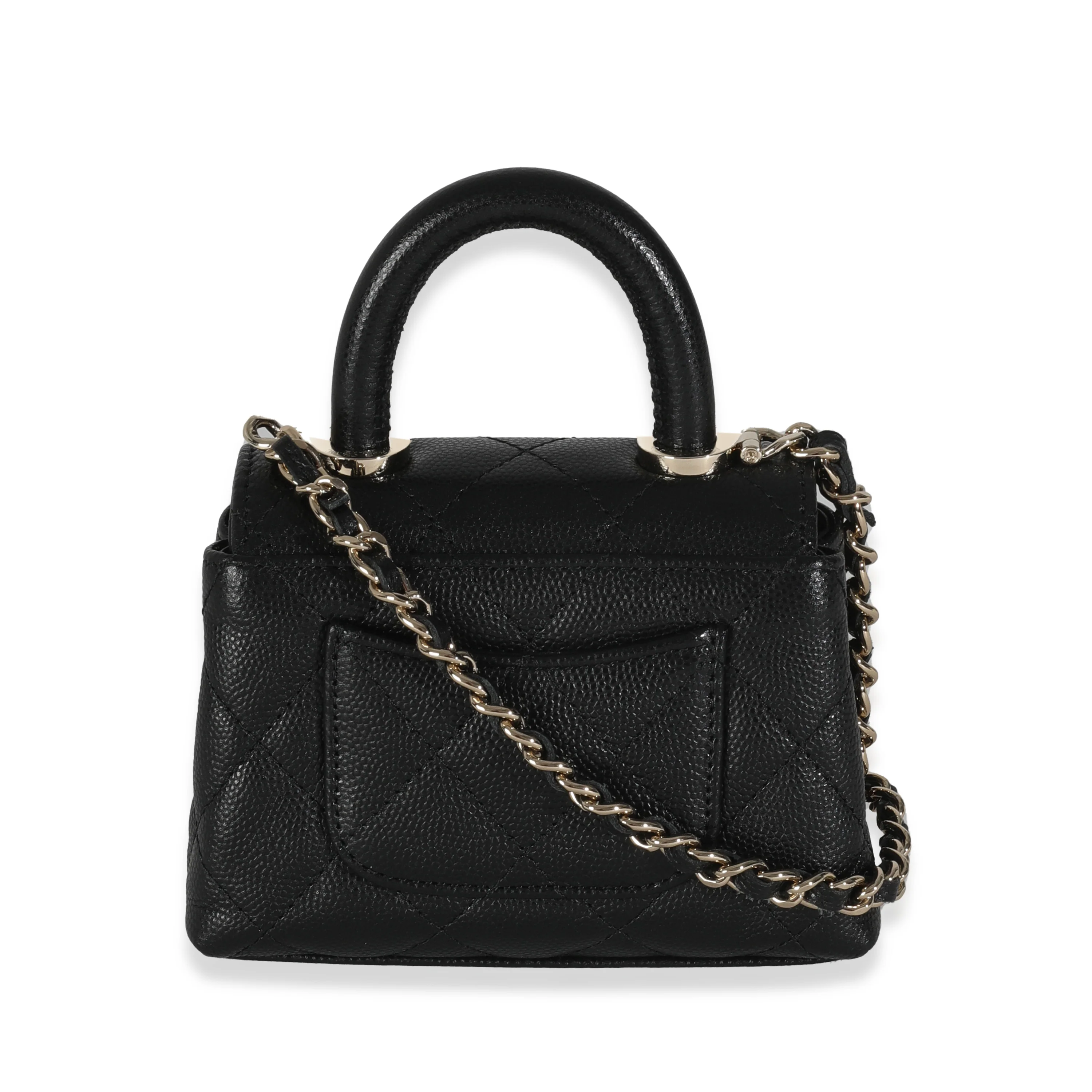 24K Black Quilted Caviar Coco Top Handle Clutch With Chain Handbag - Image 4