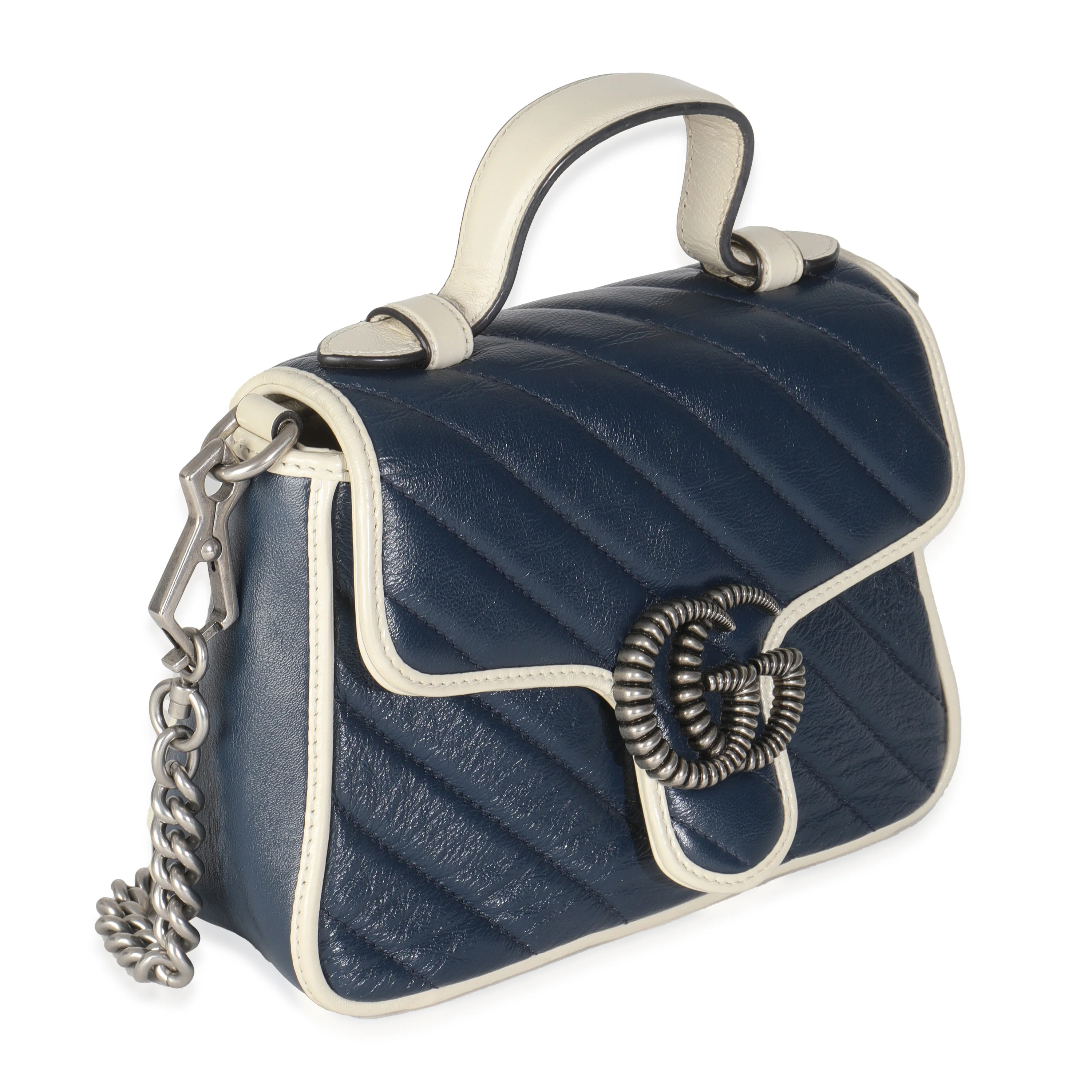 Blue Calfskin Diagonal Matelasse Mini Torchon GG Marmont Top Handle Bag - Image 3