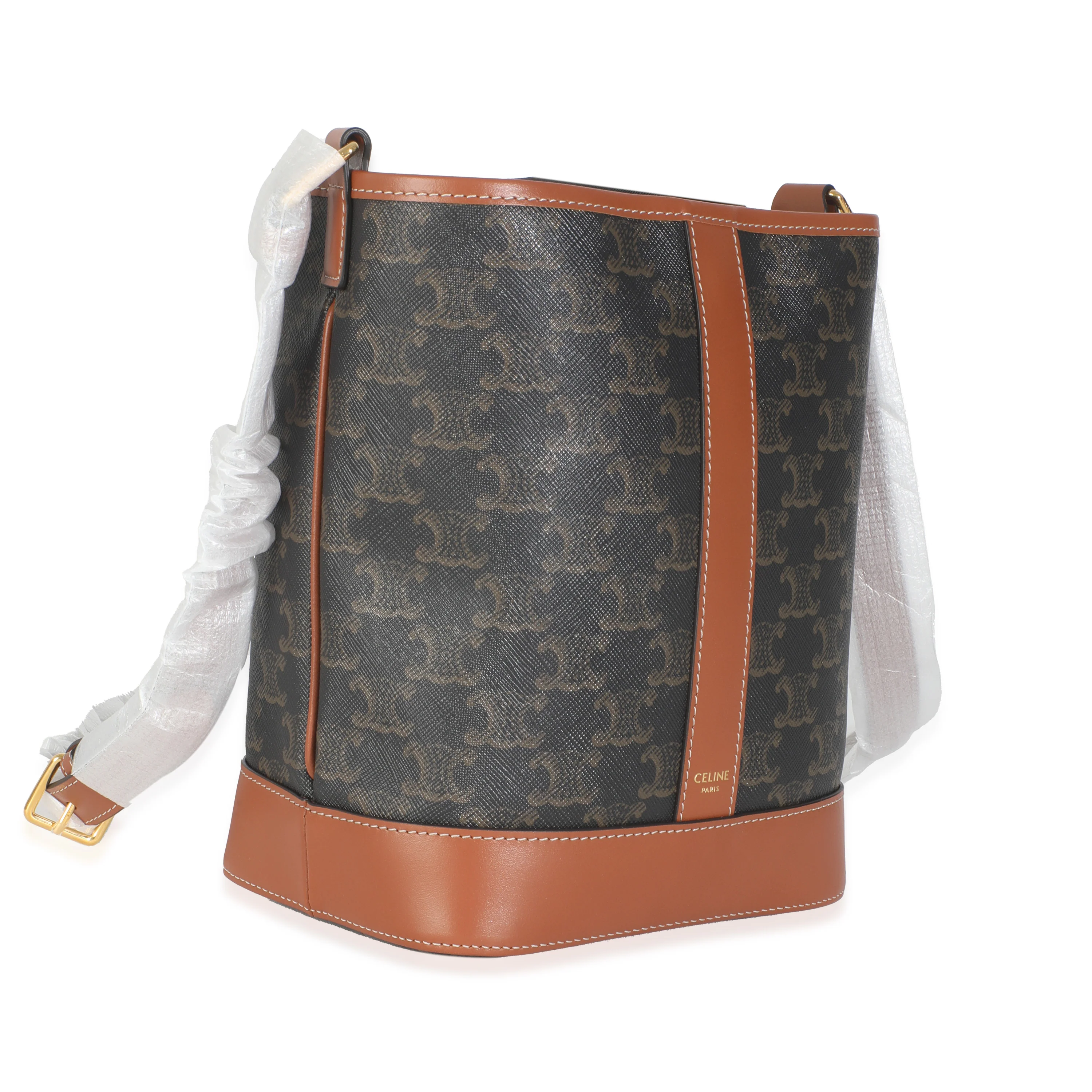 Tan Calfskin Triomphe Canvas Small Bucket Bag - Image 3