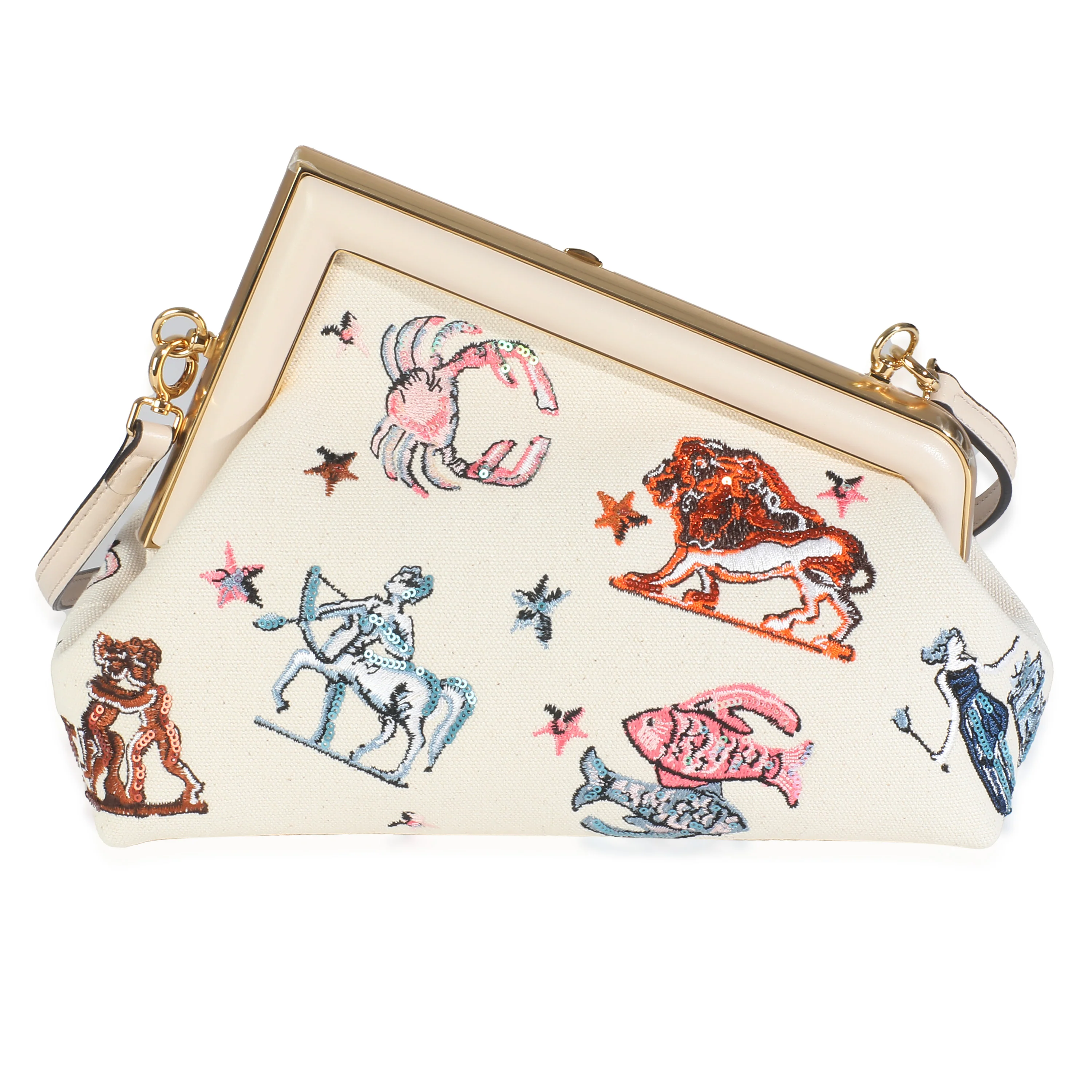 White Astrology Embroidered Canvas First Small Bag