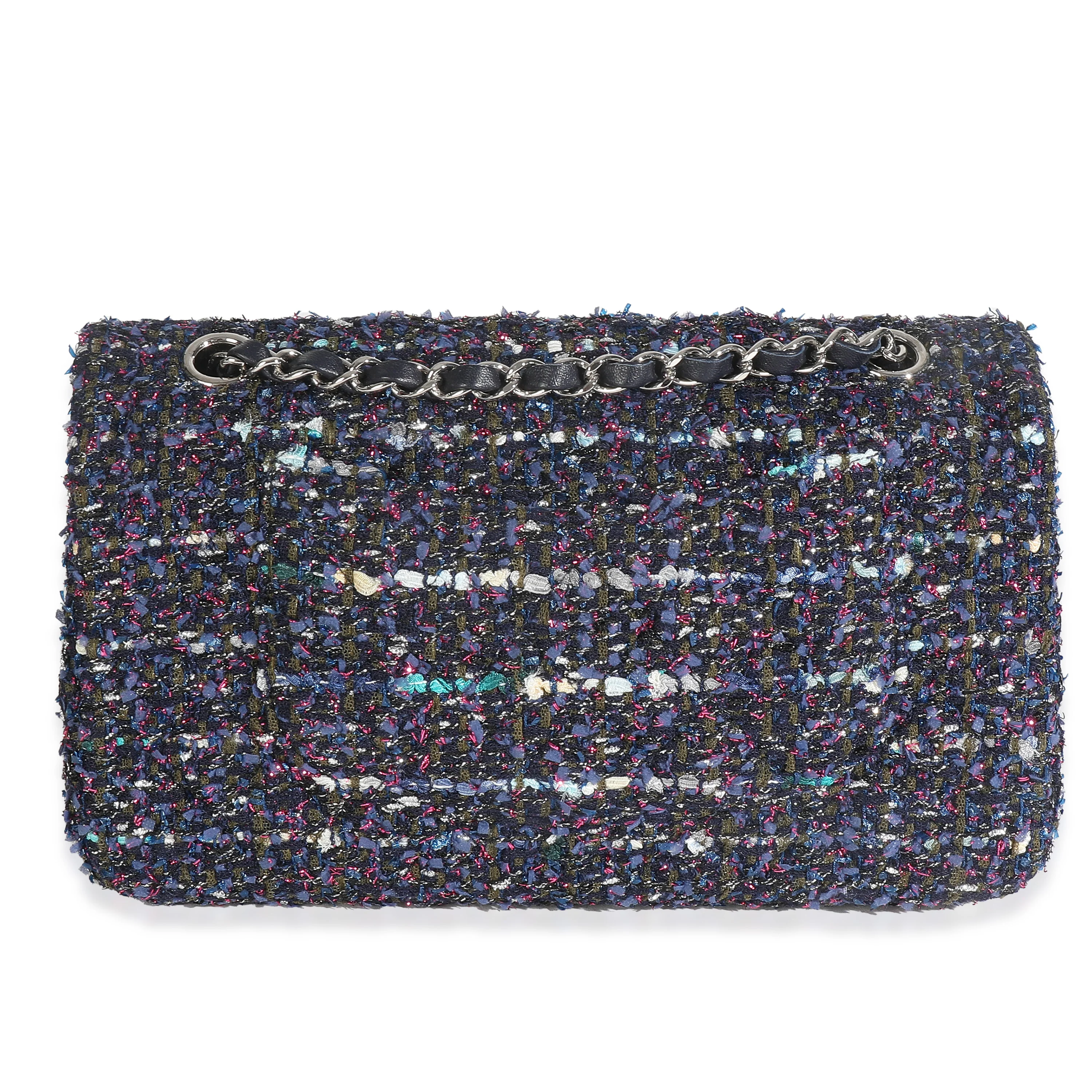 Navy Multicolored Metallic Tweed Medium Classic Double Flap Bag - Image 4
