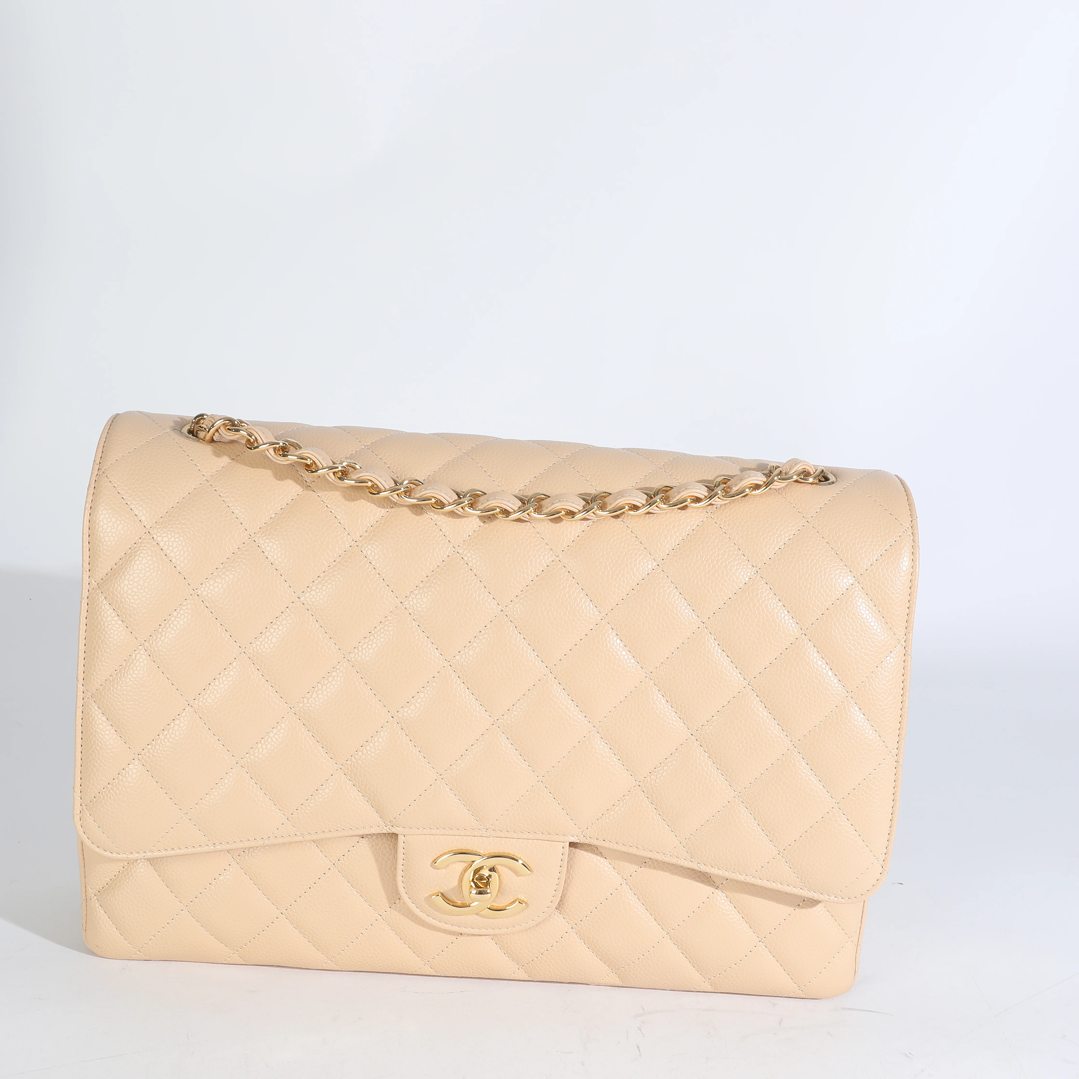 Beige Quilted Caviar Maxi Double Flap Bag