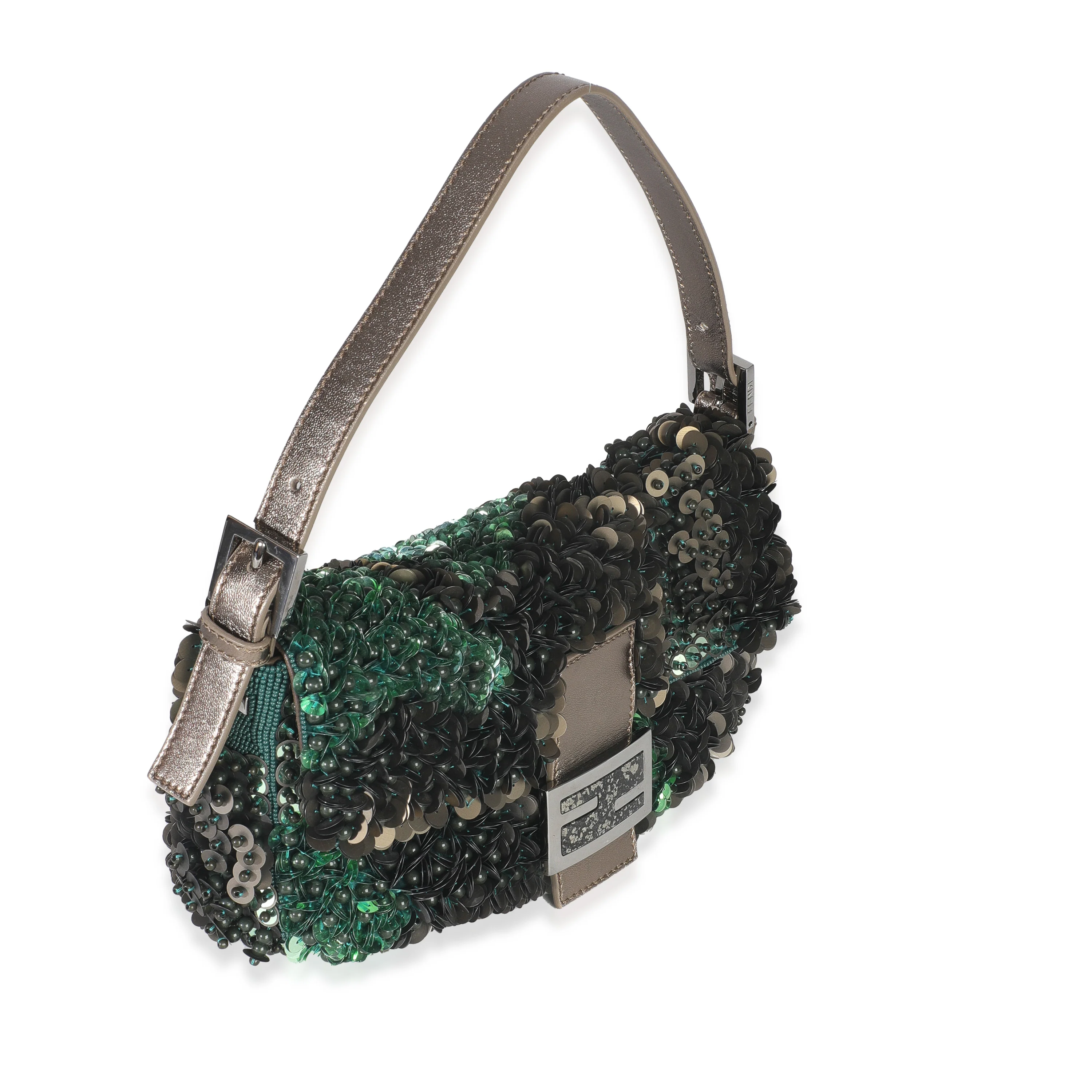 Green Metallic Leather Beaded Sequin Medium Baguette - Image 3