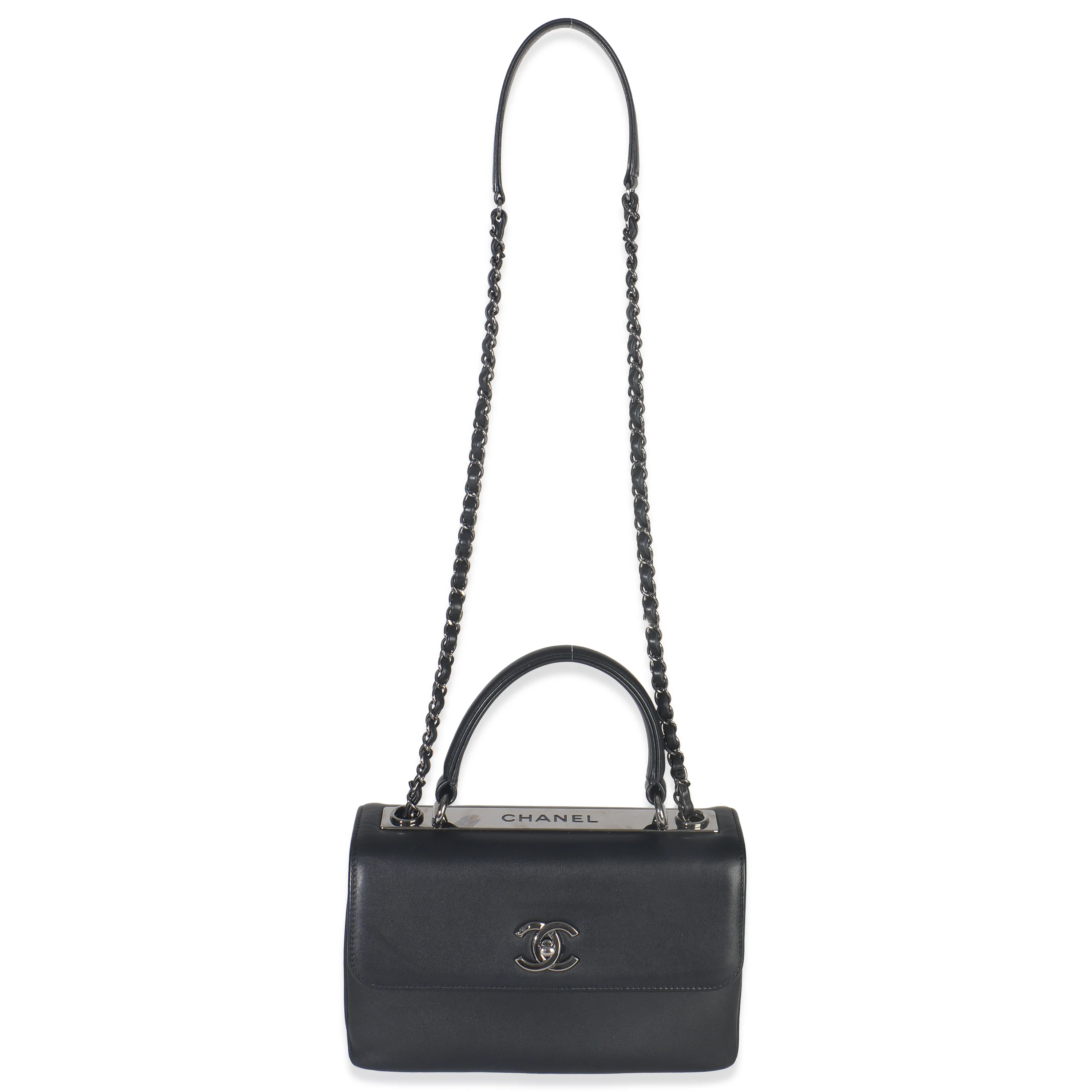 Black Smooth Calfskin Small Trendy CC Flap Dual Handle Bag - Image 5