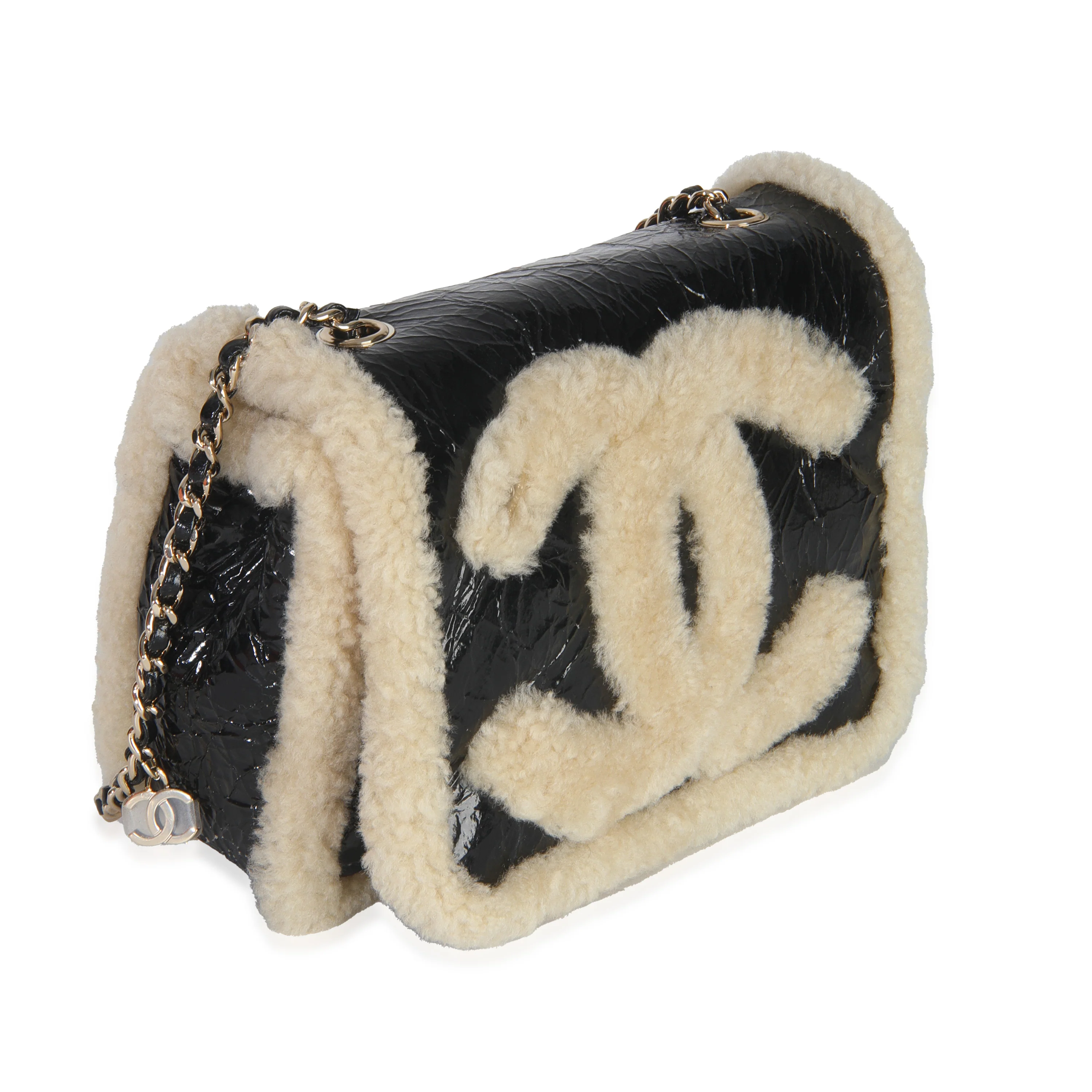 Black Shiny Crumpled Sheepskin Shearling CC Mania Flap Bag - Image 3