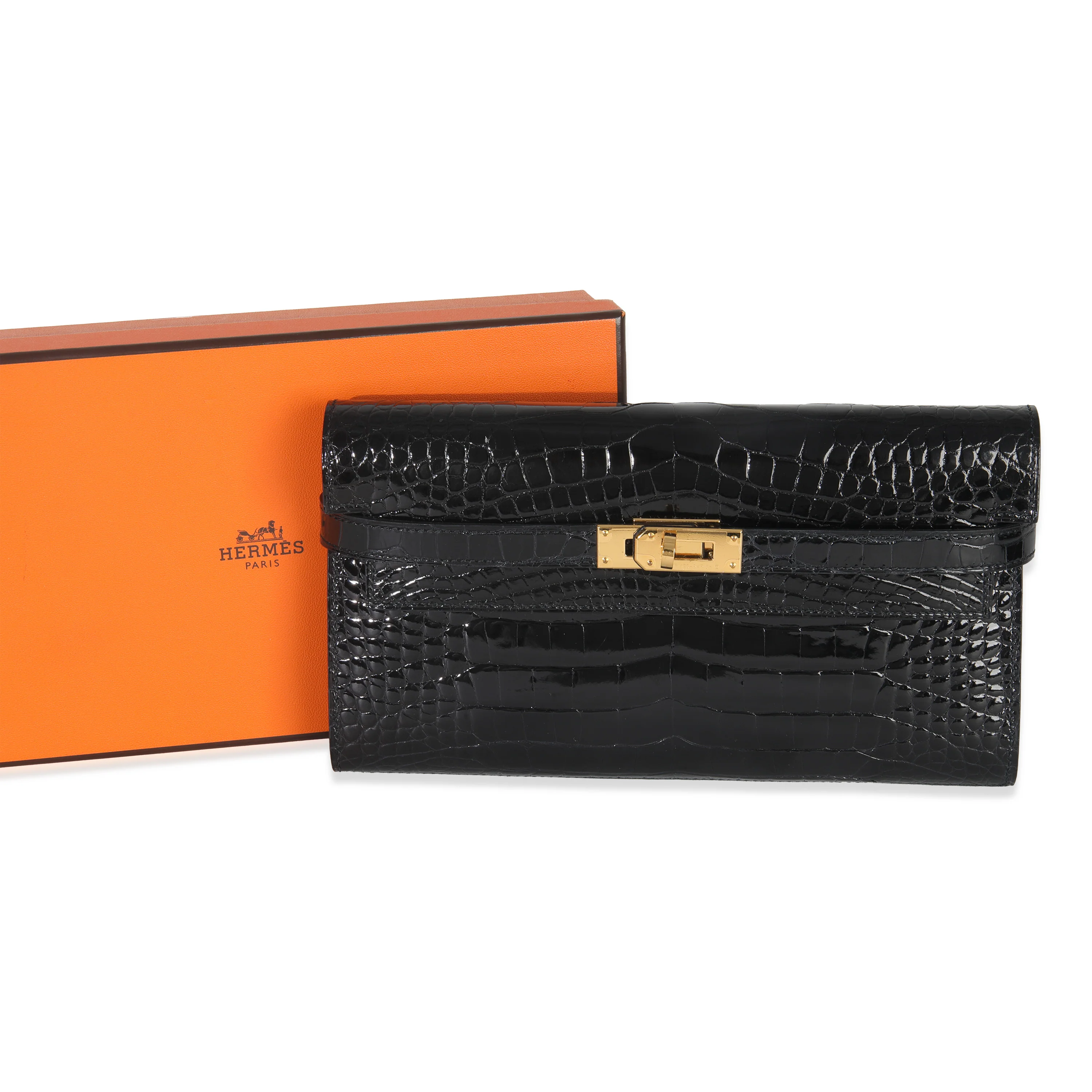 Black Shiny Alligator Kelly Longue Wallet GHW - Image 9