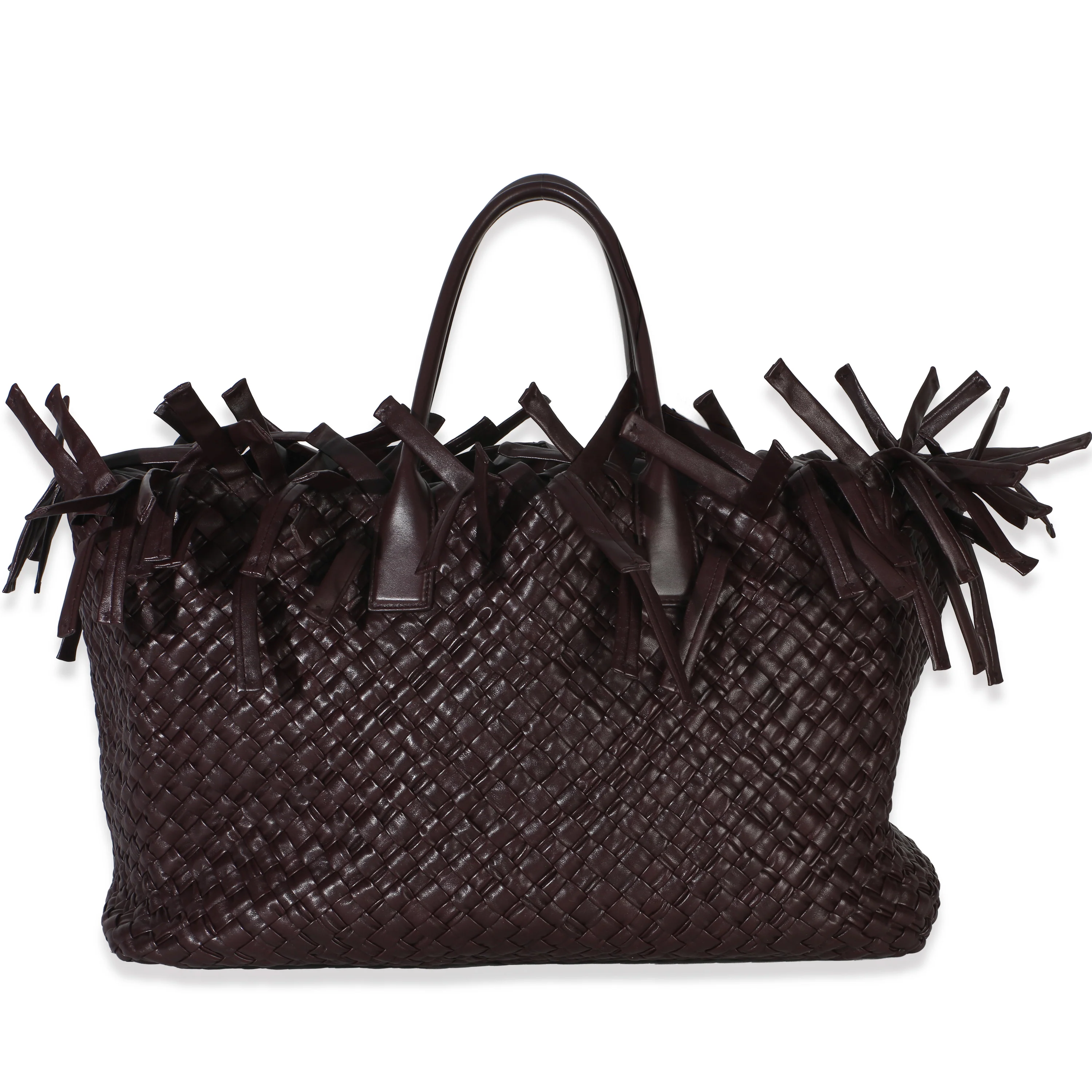 Burgundy Nappa Intrecciato Fringe Oversized Cabat Tote - Image 4