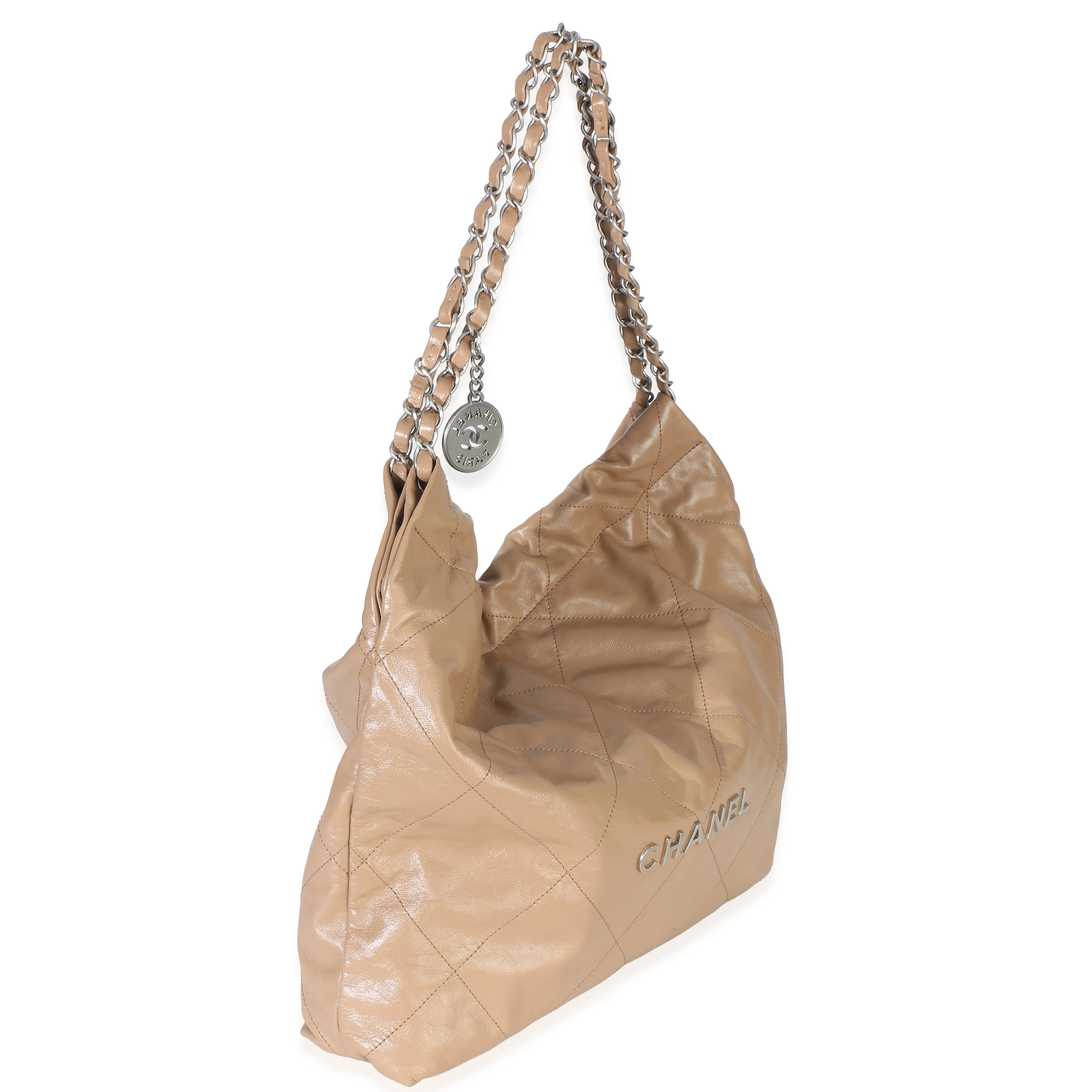 Beige Shiny Quilted Calfskin Small Chanel 22 Hobo - Image 2