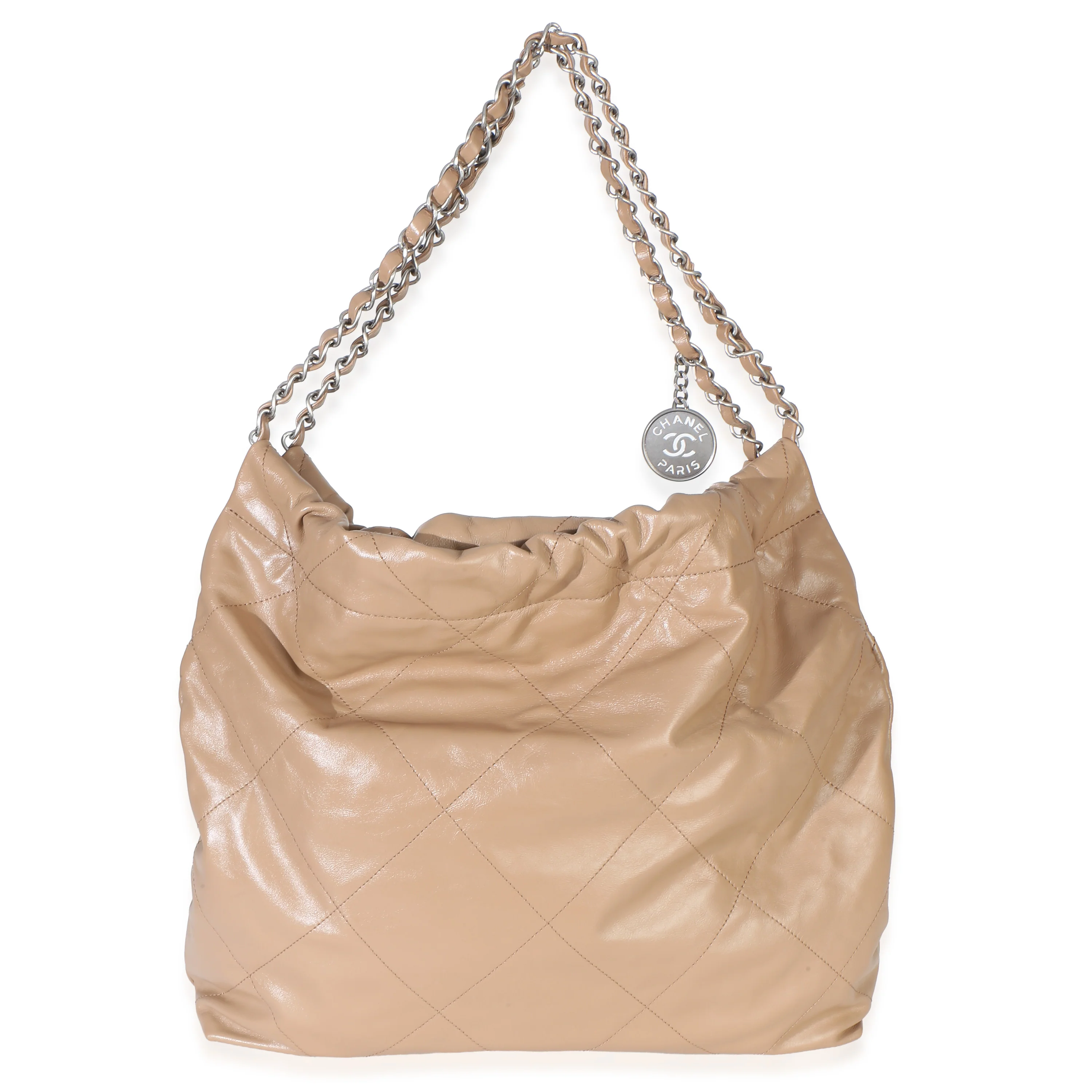 Beige Shiny Quilted Calfskin Small Chanel 22 Hobo - Image 3